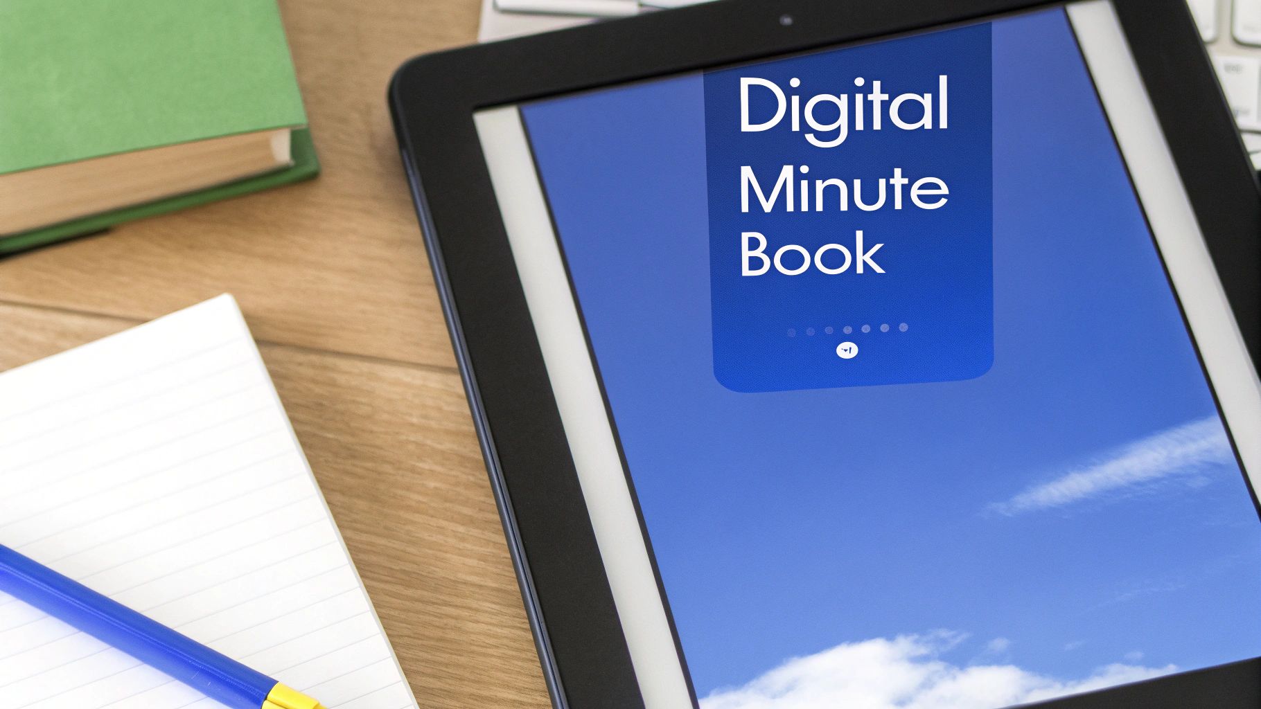 A tablet displays 'Digital Minute Book' alongside a green book, notebook, and pen on a wooden desk.