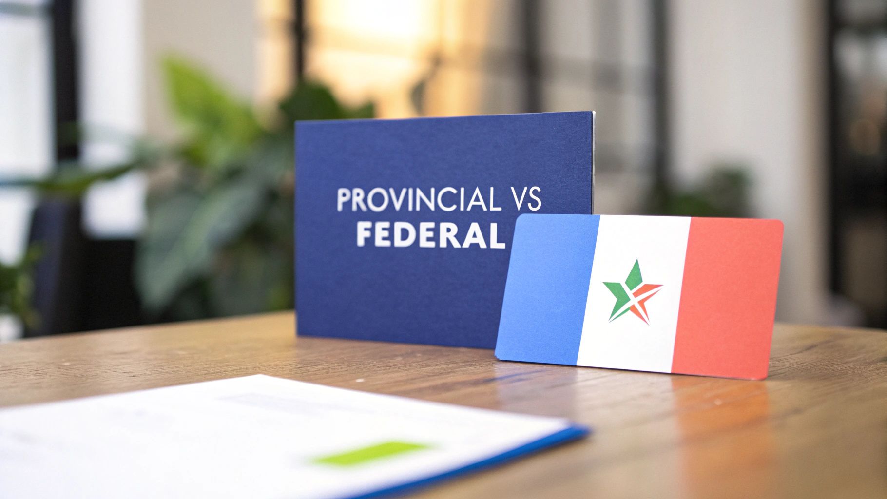 A blue card with 'Provincial vs Federal' sits beside a flag-like card with a star.