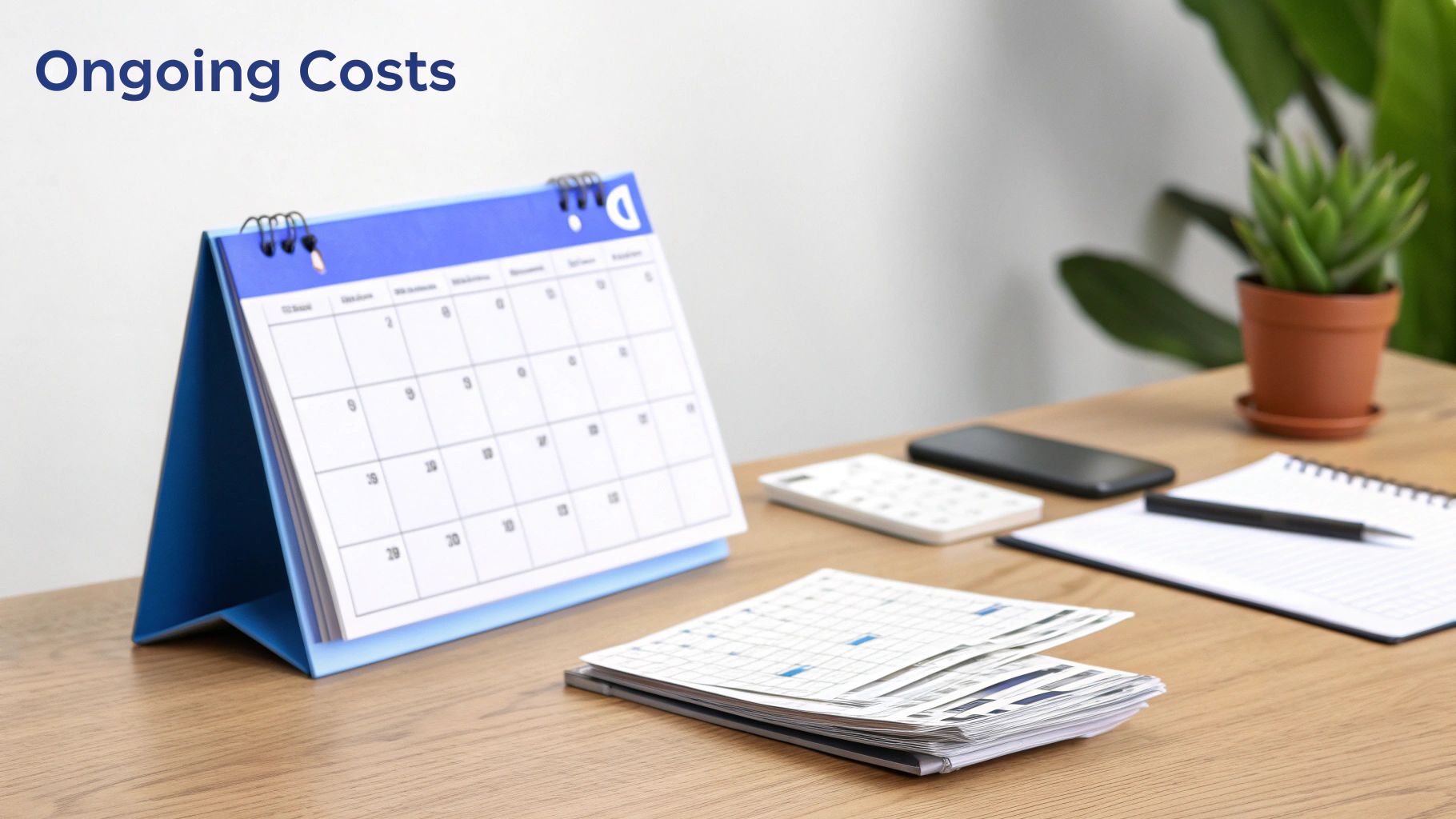 A desk with a blue calendar, calculator, smartphone, and papers, illustrating ongoing costs.