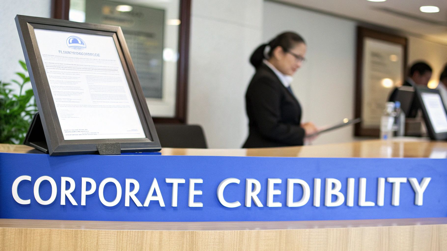 A reception desk featuring a 'Corporate Credibility' sign, framed document, and a blurred business professional.