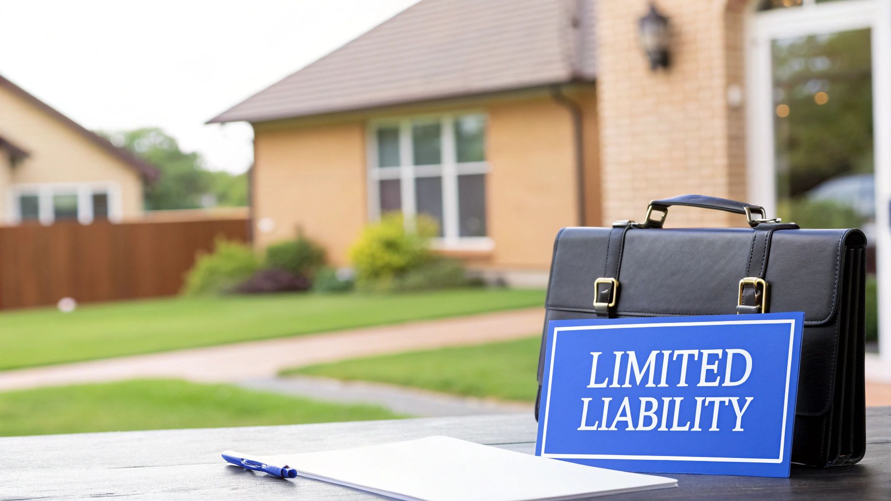 A black briefcase and a 'Limited Liability' sign on a table in front of houses.