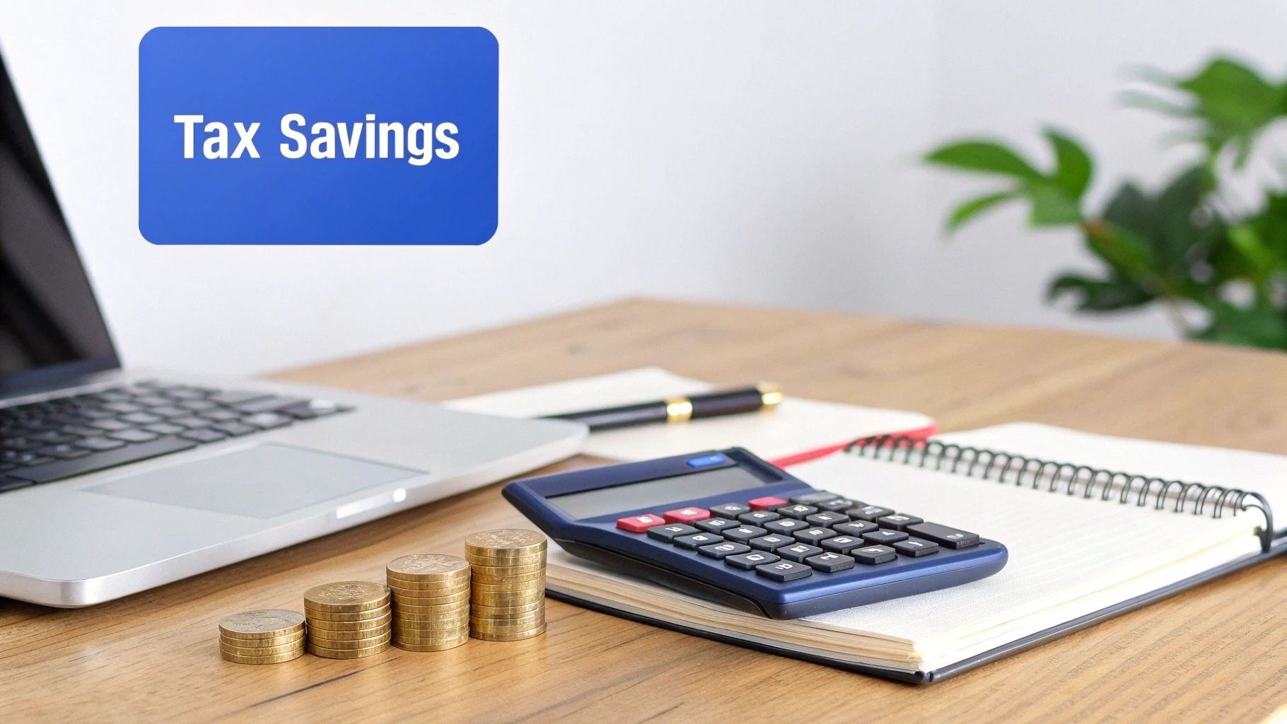 Stacks of coins, a calculator, laptop, and a notebook with 'Tax Savings' text, symbolizing financial planning.