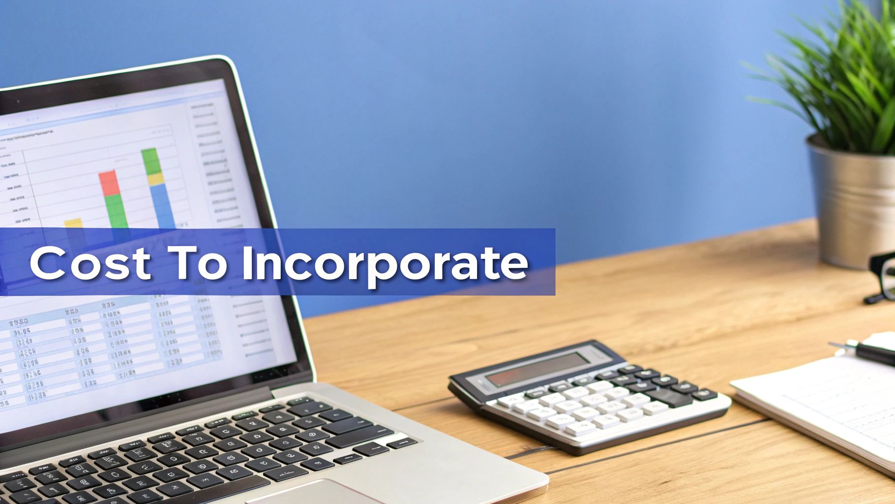 A laptop showing financial data, a calculator, and a plant, with 'Cost To Incorporate' text overlay.