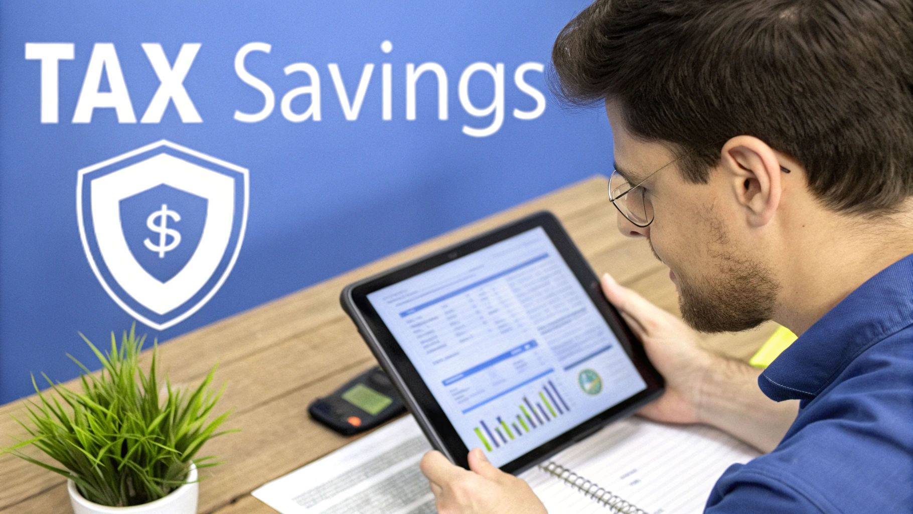 A man reviews financial data on a tablet, with "TAX Savings" and a dollar shield icon on a blue wall.