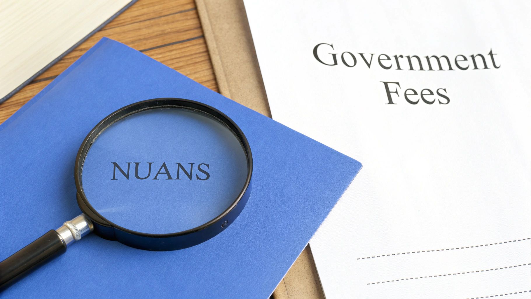 A magnifying glass highlights 'NUANS' on a blue folder, next to a document titled 'Government Fees'.