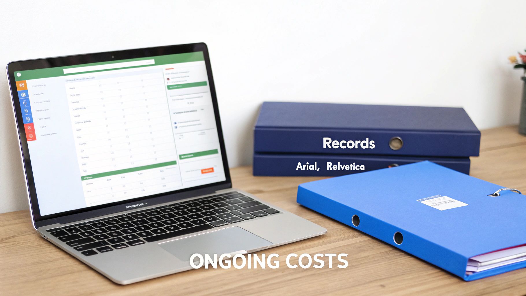 A laptop displaying data, two blue binders stacked, and text about 'Ongoing Costs' on a wooden desk.