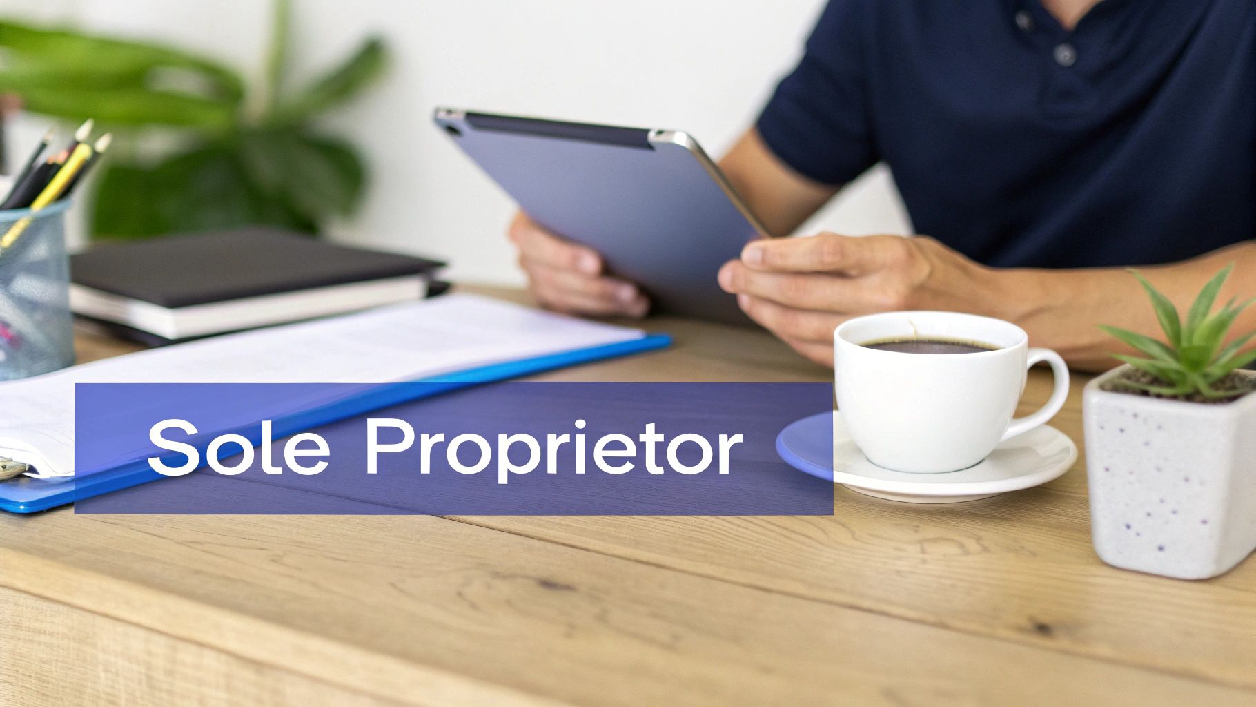 A person at a desk holding a tablet, with coffee and documents, and a 'Sole Proprietor' text overlay.