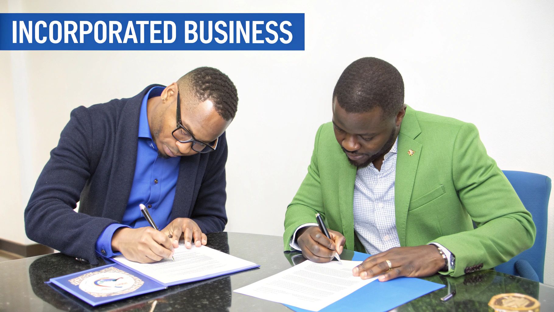 Two professional men in business attire signing important documents at a table, symbolizing an incorporated business.