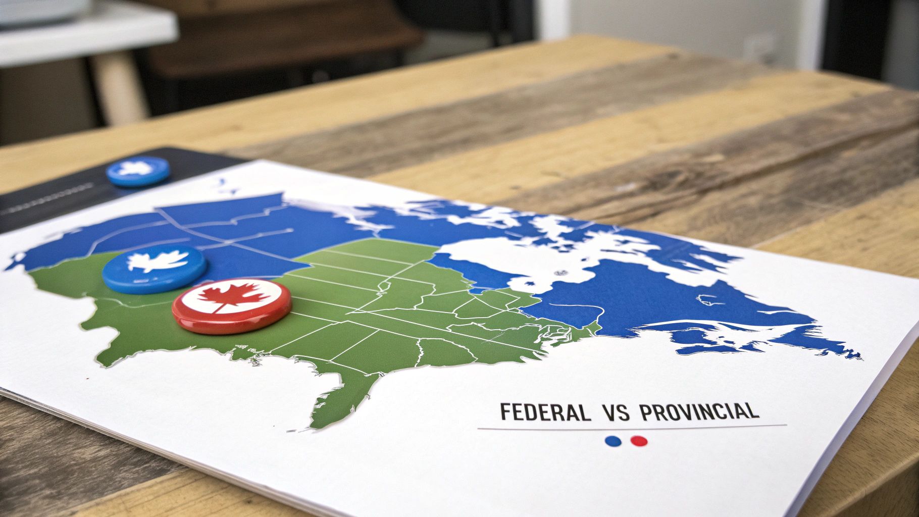 Map of Canada illustrating federal and provincial jurisdictions with blue and red political tokens.