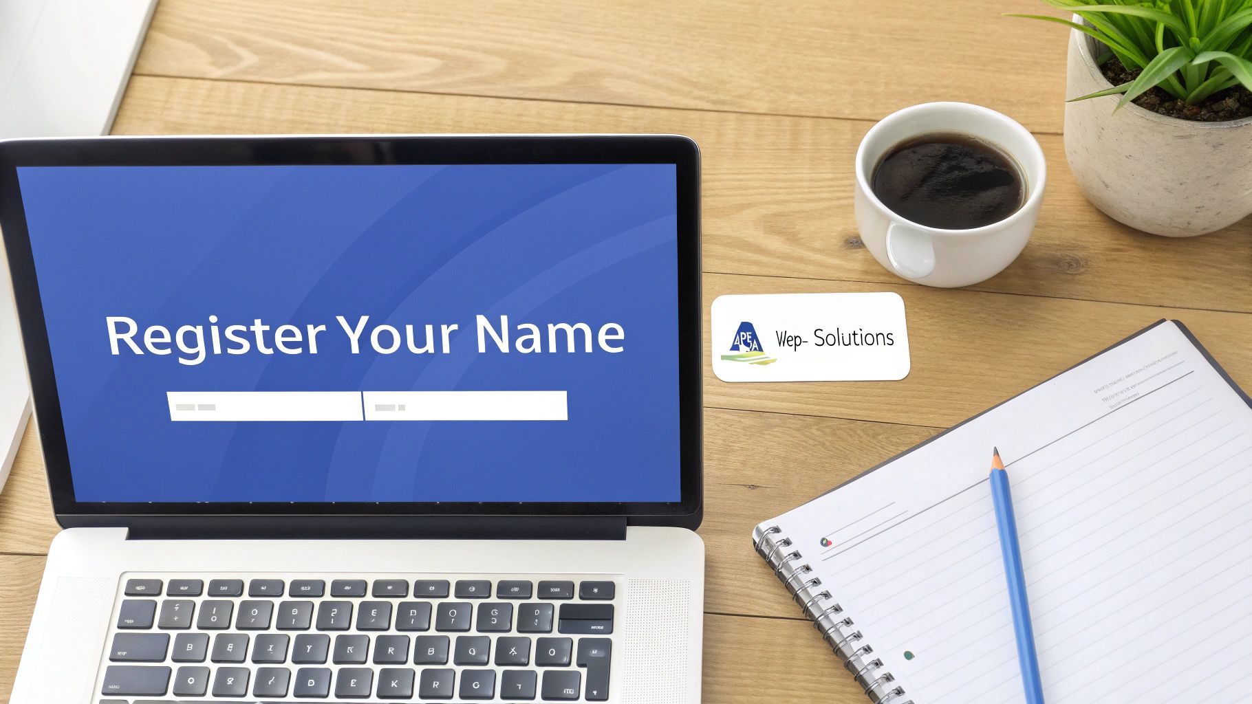 A laptop screen displaying 'Register Your Name' on a wooden desk with coffee, a plant, and a Wep- Solutions business card.