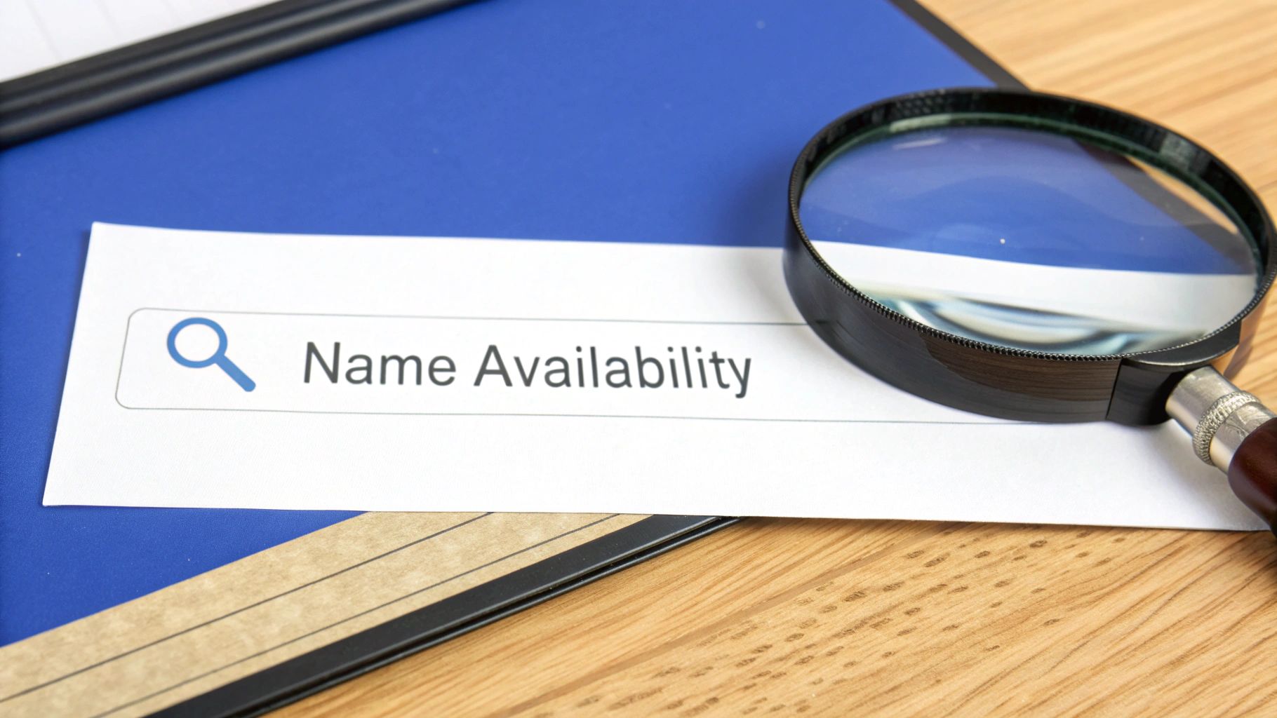 A magnifying glass rests on a document displaying a 'Name Availability' search bar on a desk.