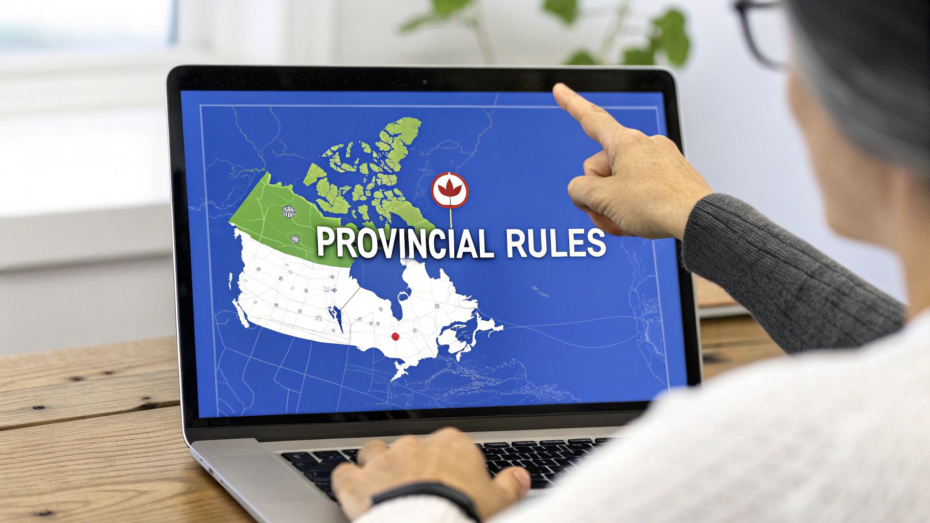 Person pointing at a laptop screen displaying a map of Canada with 'PROVINCIAL RULES' text.