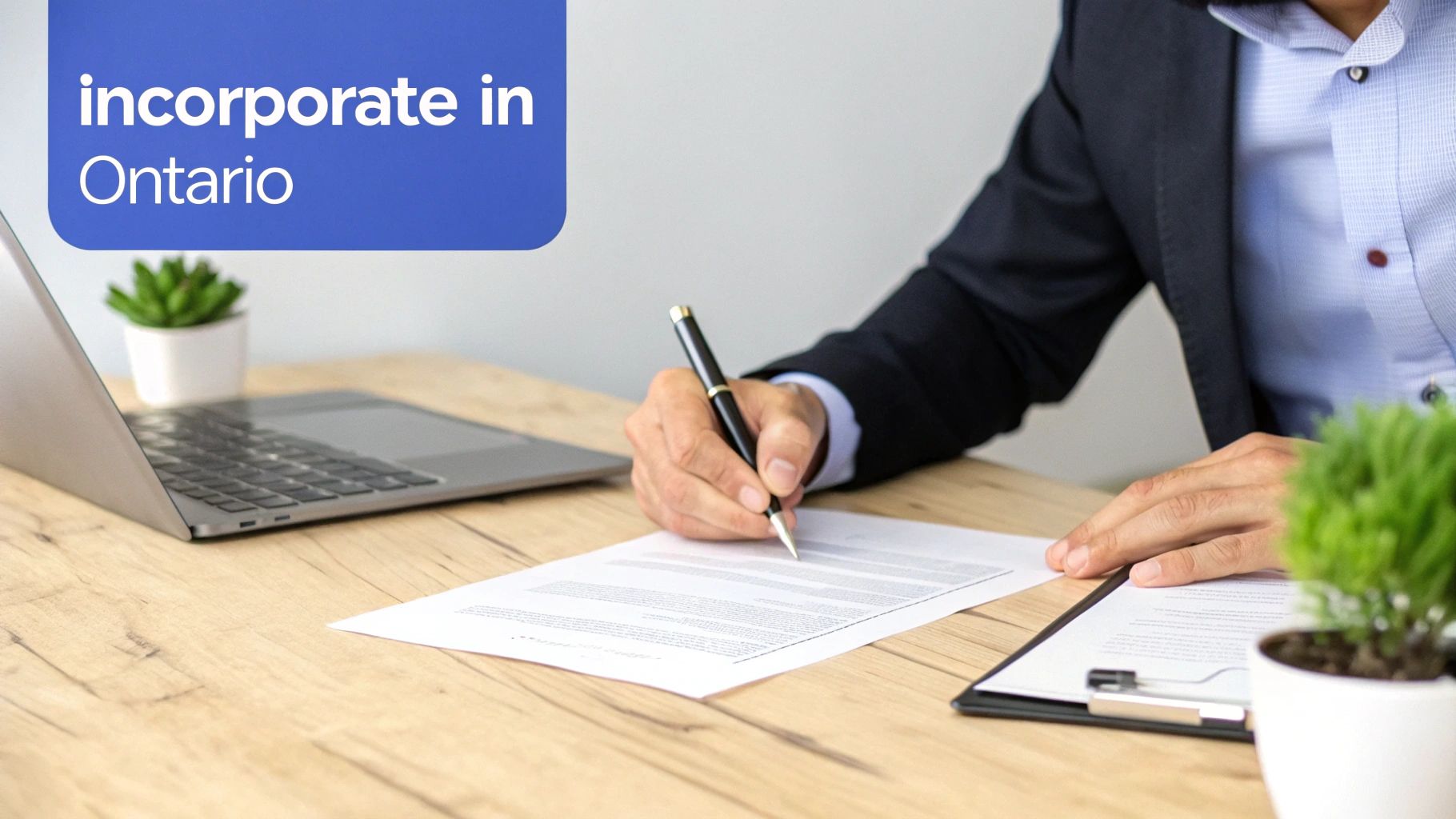 A professional signing business incorporation documents at a desk with a laptop and plants.