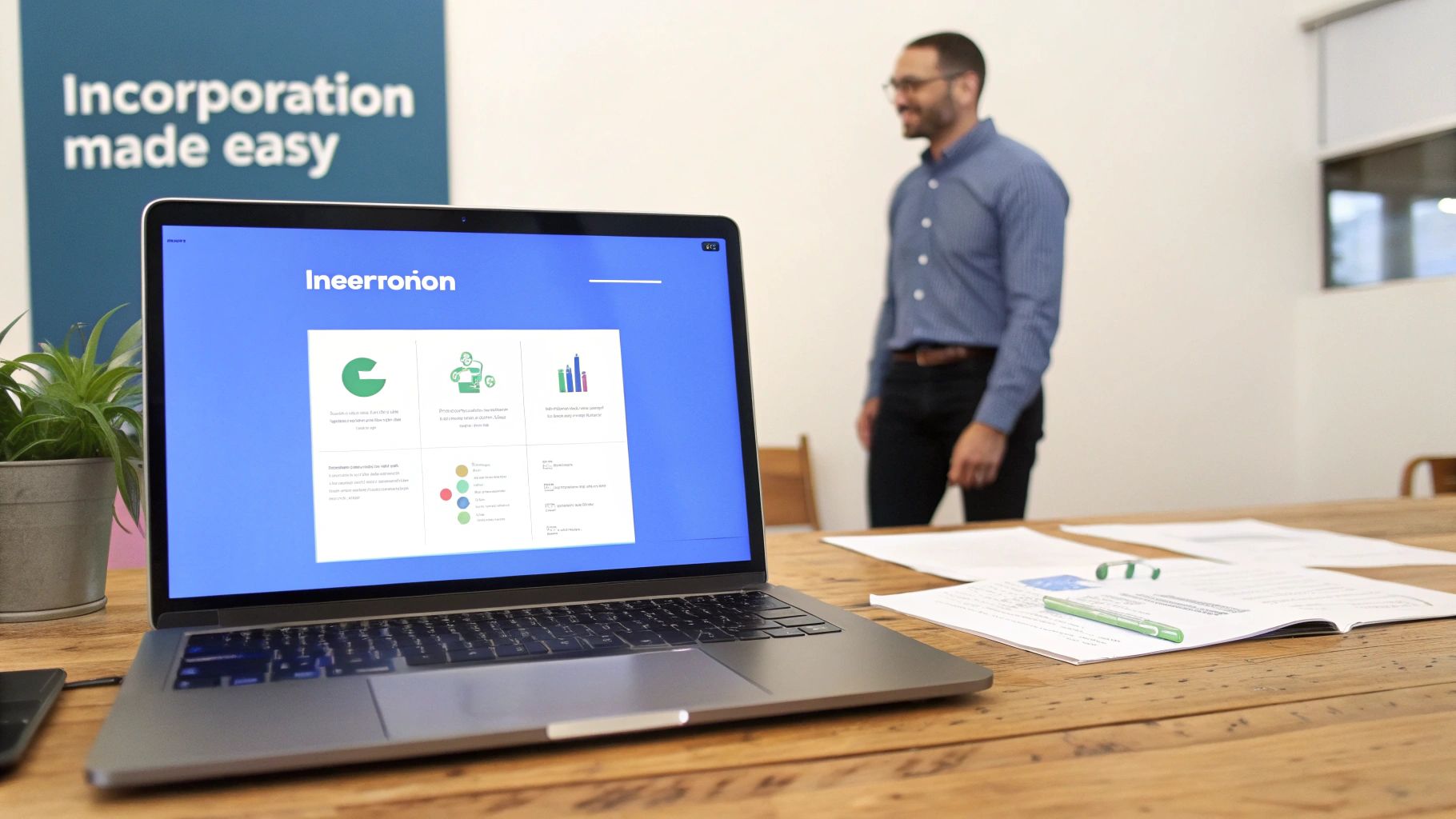 A laptop on a wooden desk displays a business presentation, with a man and 'Incorporation made easy' sign in the background.