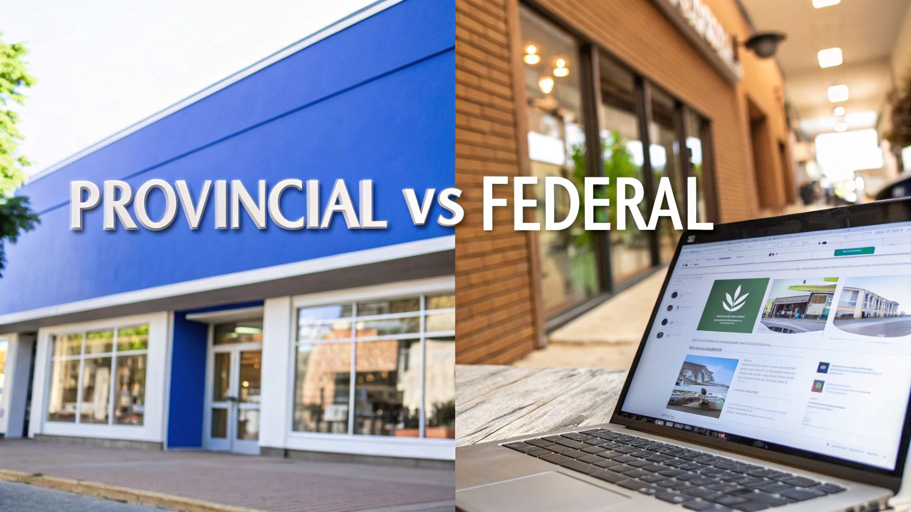 Side-by-side image comparing a provincial building on the left and a federal building with a laptop on the right.