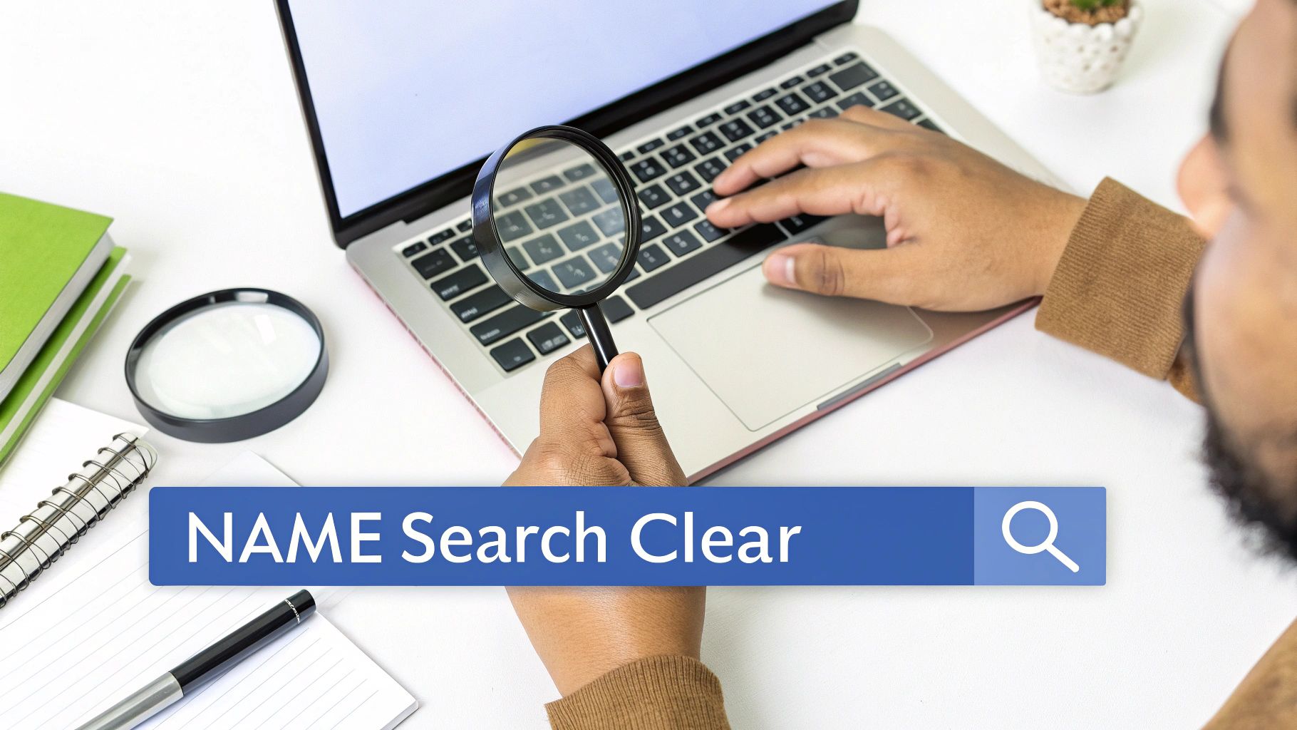 A person searches on a laptop with a magnifying glass, featuring a 'NAME Search Clear' overlay.