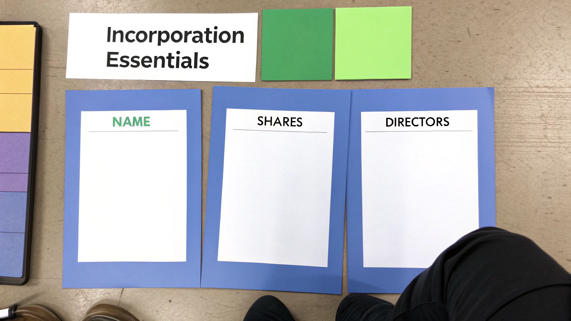 A top-down view of papers outlining 'Incorporation Essentials' with sections for name, shares, and directors.