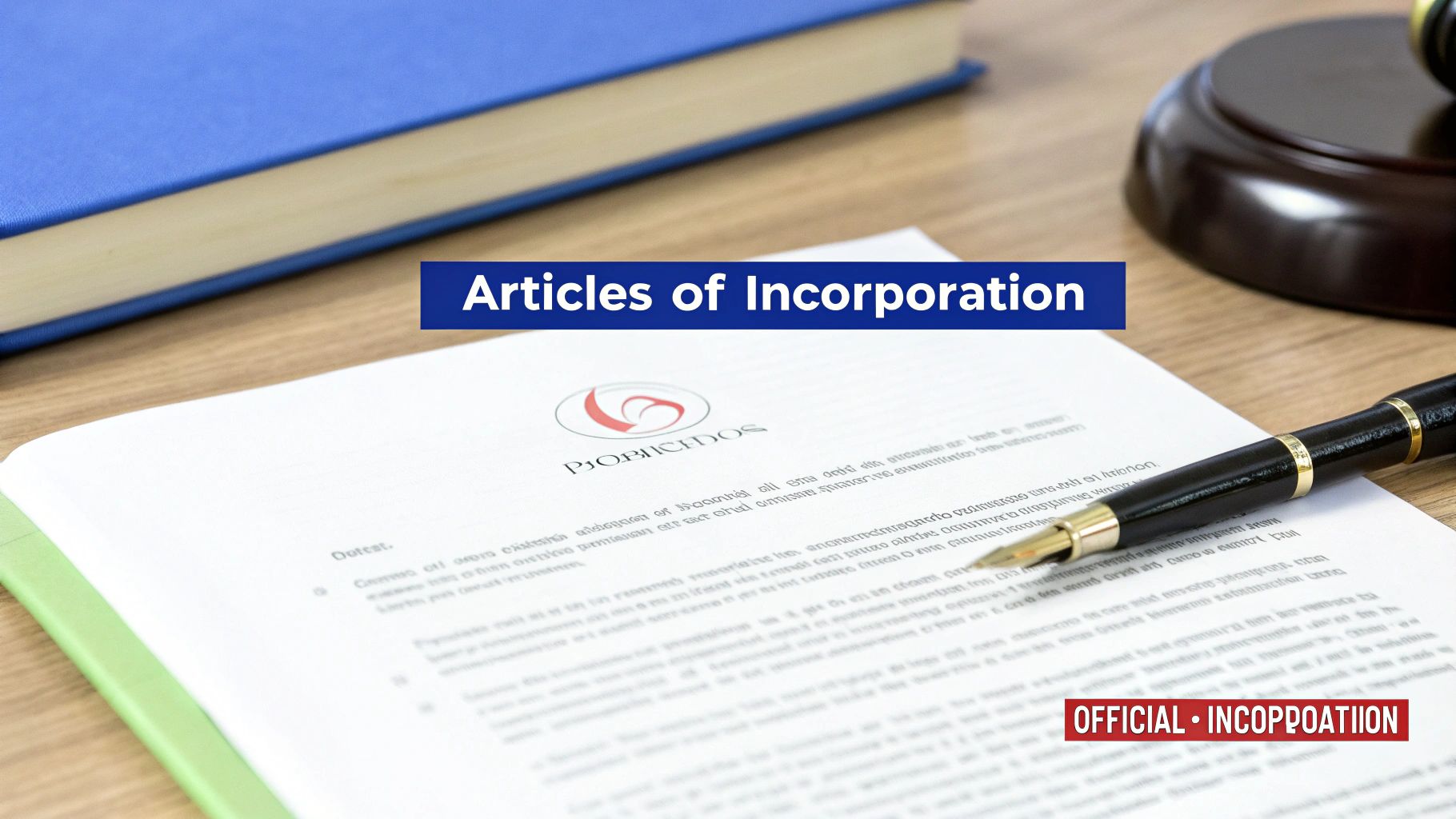 A document titled 'Articles of Incorporation' with a pen, blue book, and gavel on a wooden desk.