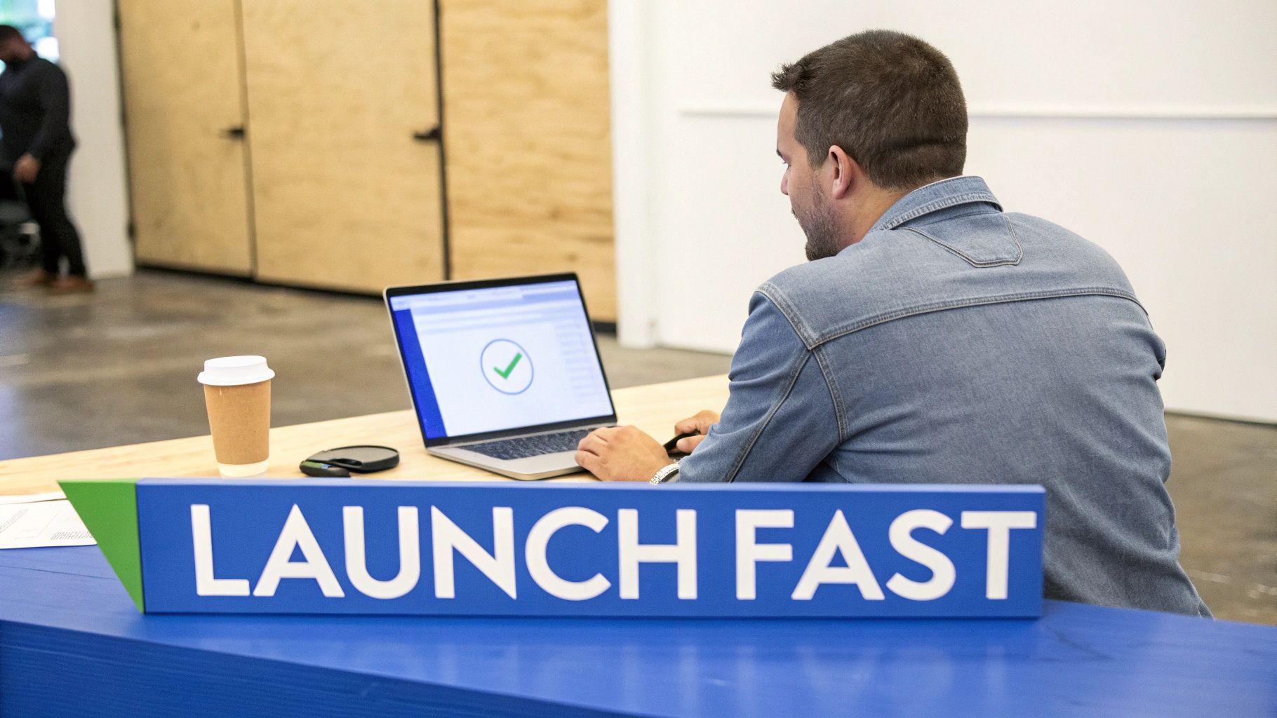 A man works on a laptop showing a green checkmark, with a coffee and a "LAUNCH FAST" sign.