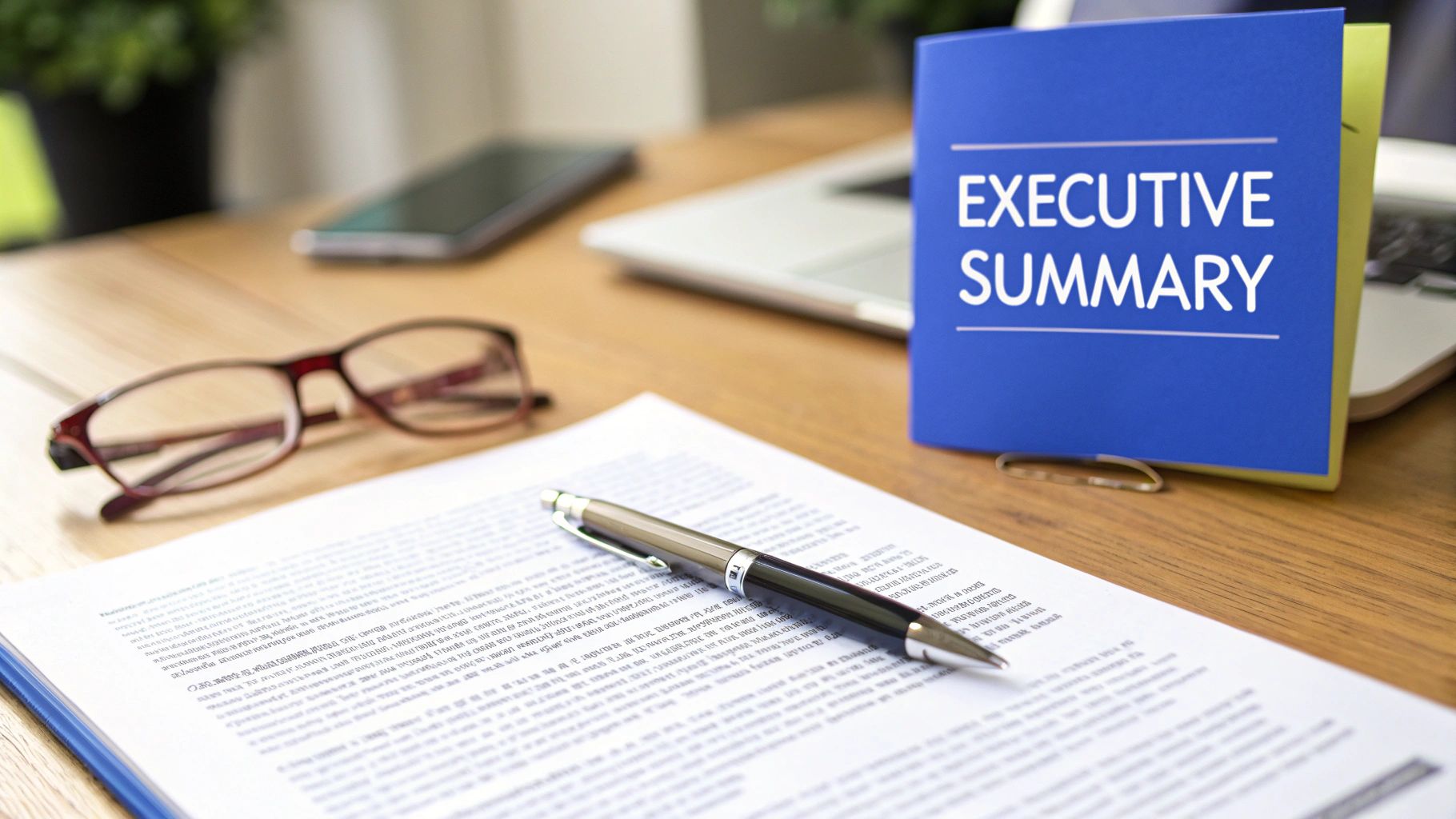 A close-up of a desk with an Executive Summary document, pen, glasses, and a laptop.