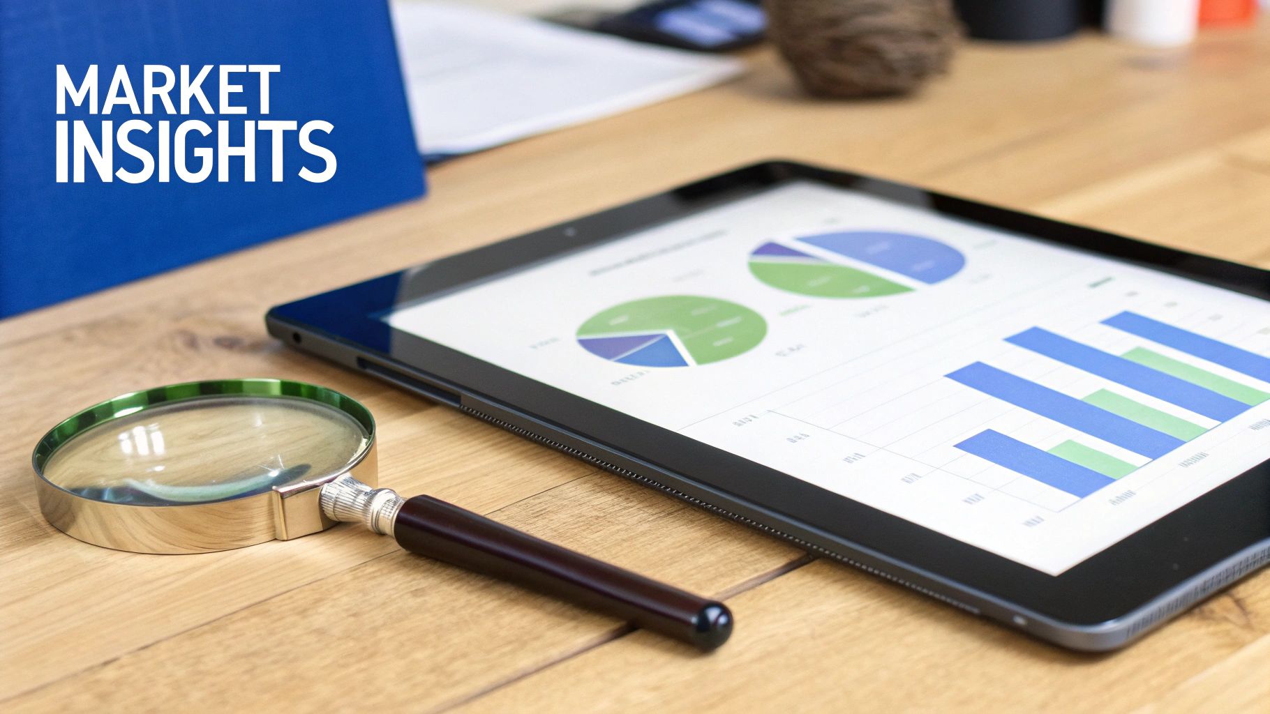 A magnifying glass and tablet displaying market insights charts on a wooden desk.