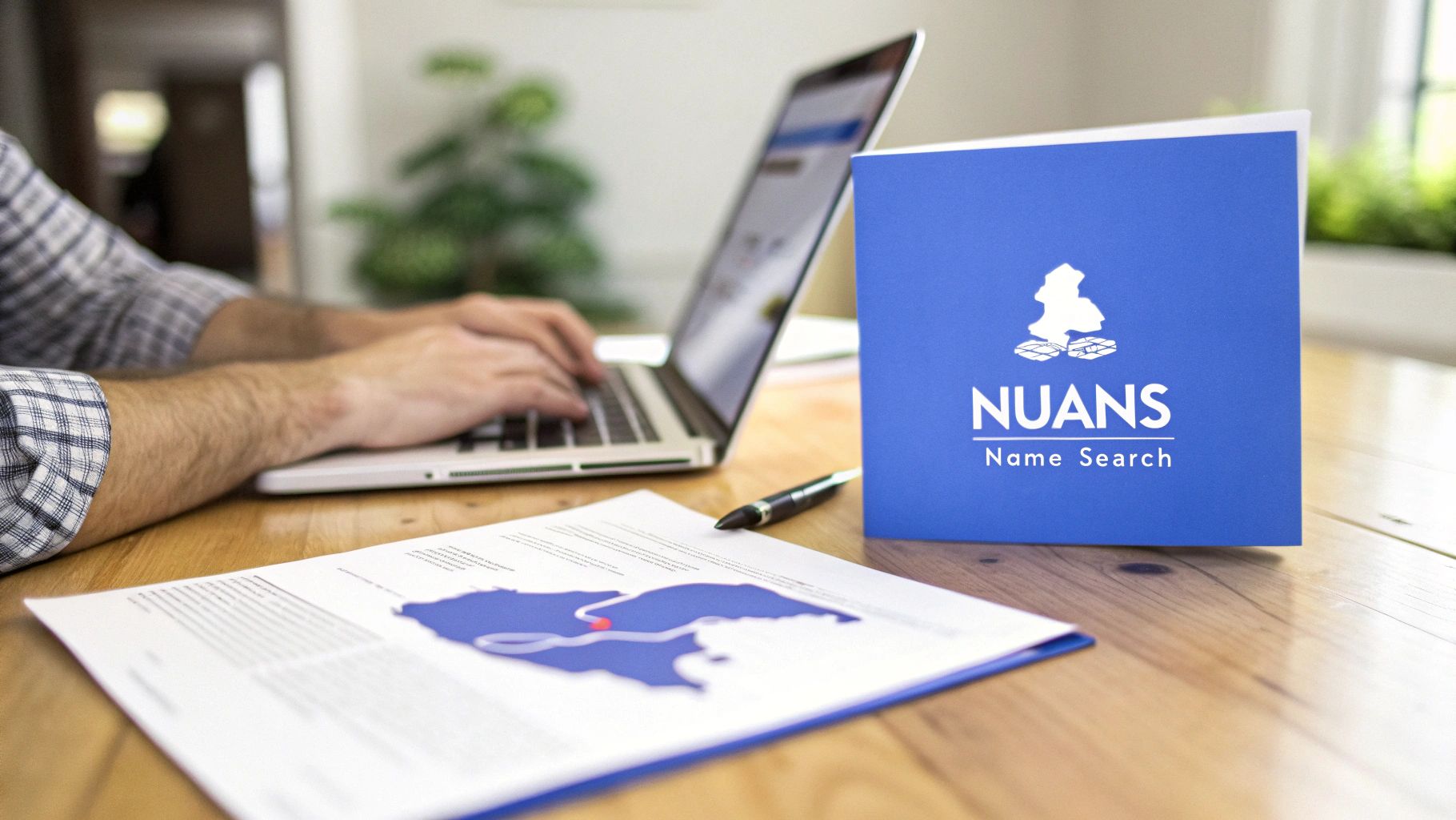 A person uses a laptop on a wooden desk with a 'NUANS Name Search' brochure and documents.