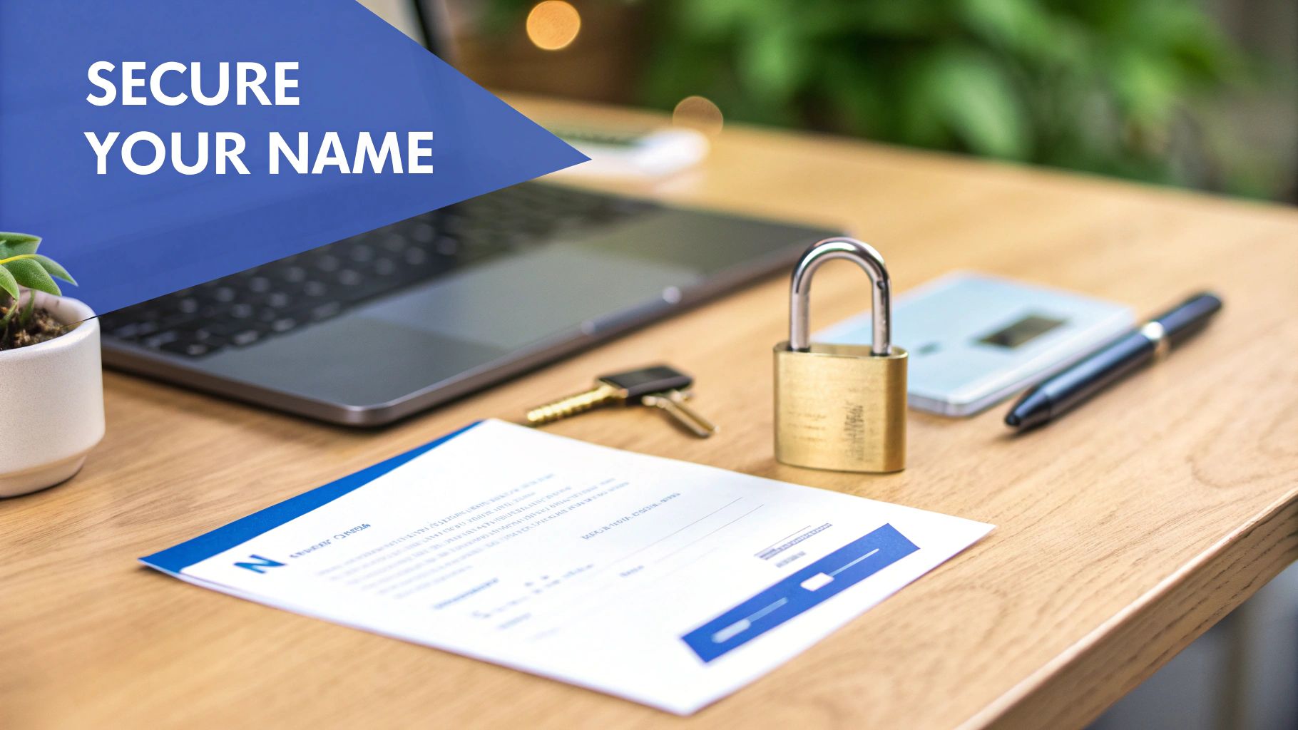 A desk with a laptop, secure document, padlock, keys, and a pen, emphasizing name security.