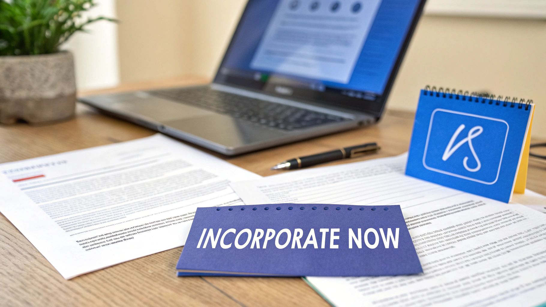 A desk setup with a laptop, documents, a pen, and a folder saying 'INCORPORATE NOW'.