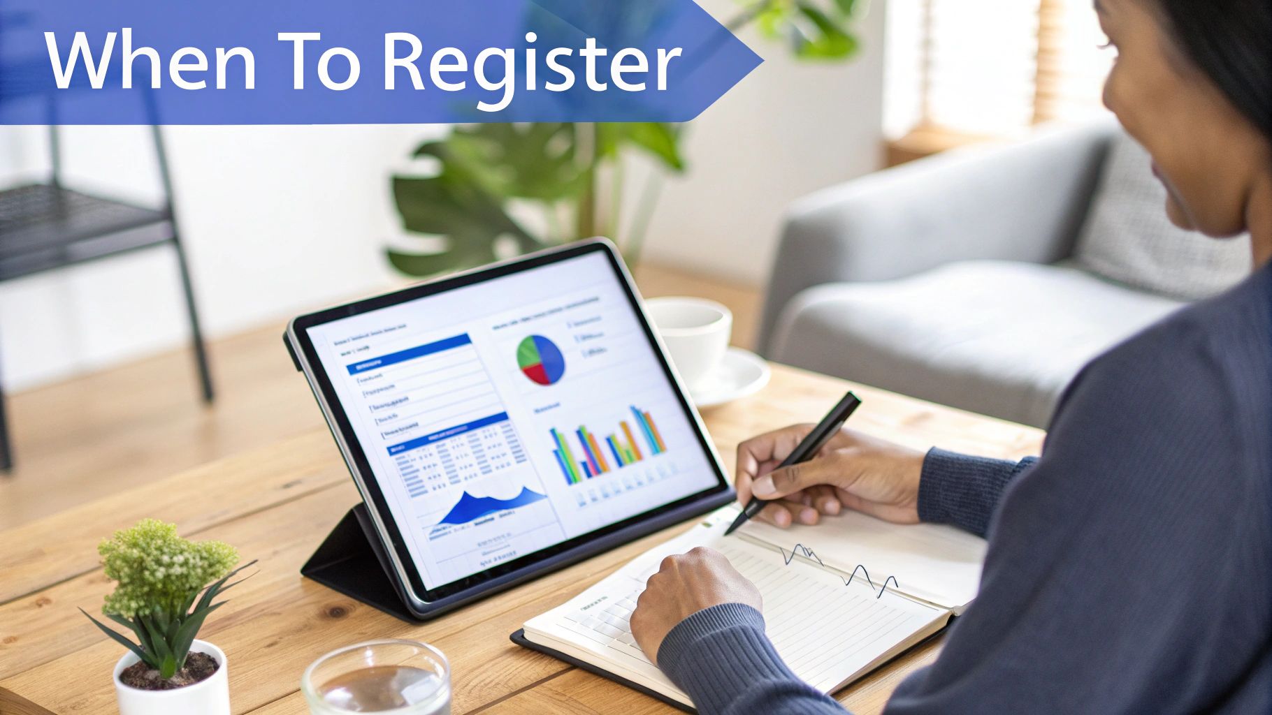 A person writing in a notebook while reviewing business data charts on a tablet, with a 'When To Register' banner.