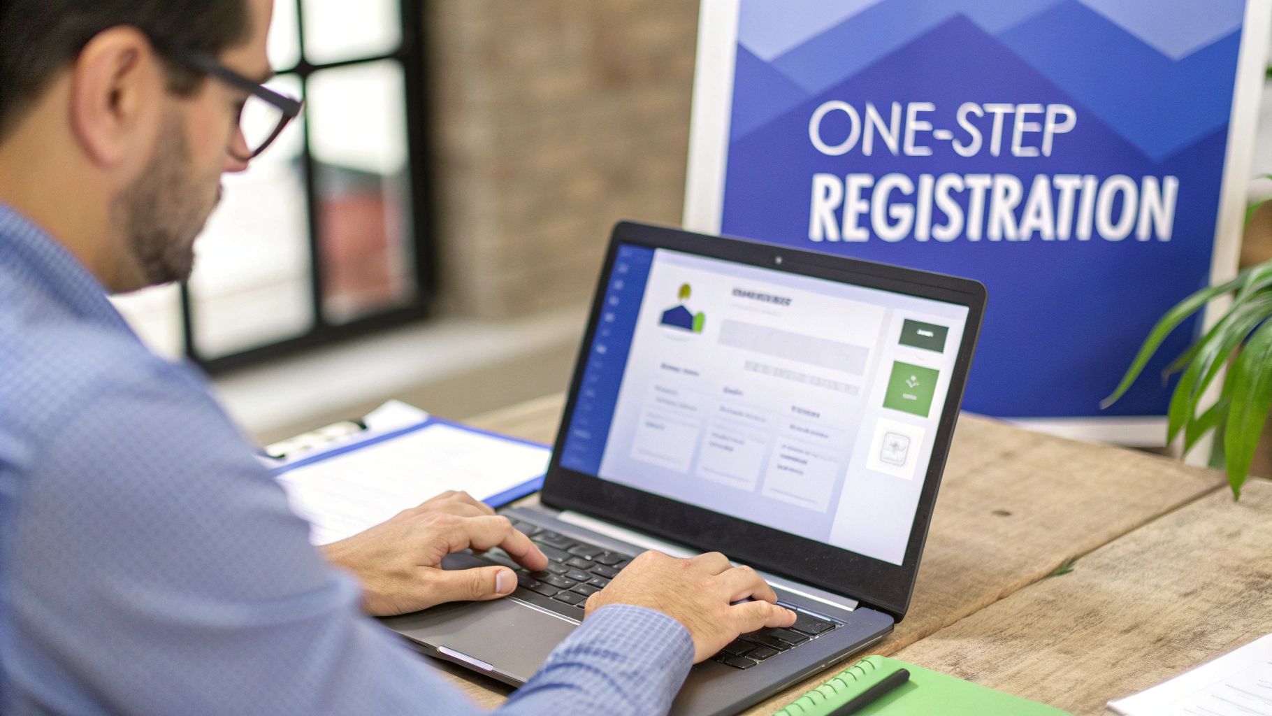 Man in glasses typing on a laptop, completing a one-step online registration form.