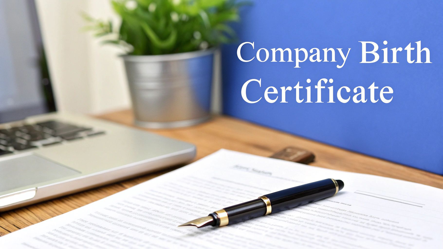 Desk with a laptop, potted plant, document, pen, and a blue folder titled 'Company Birth Certificate'.