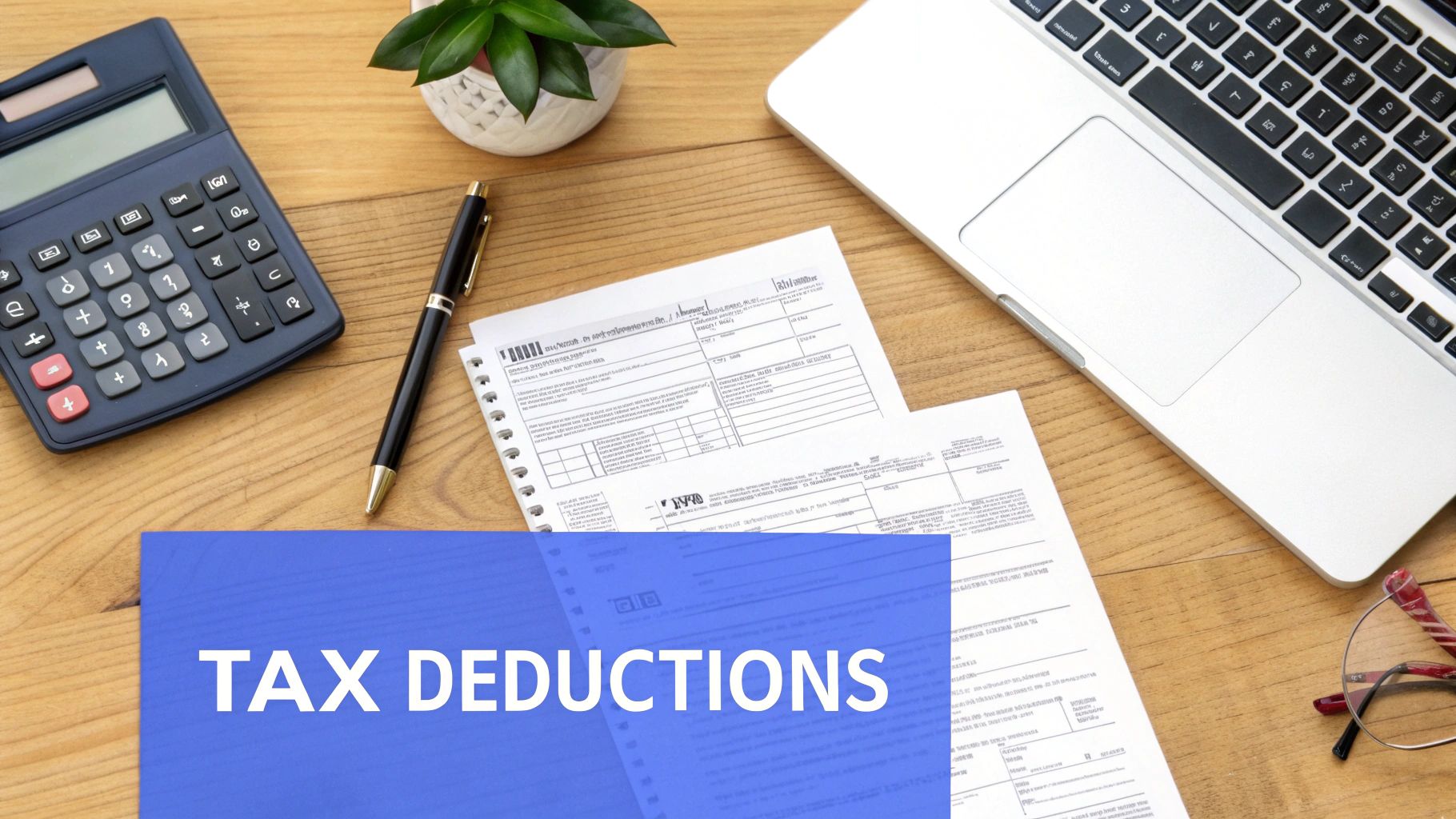 A flat lay of a wooden desk with a calculator, pen, laptop, tax forms, and text 'TAX DEDUCTIONS'.