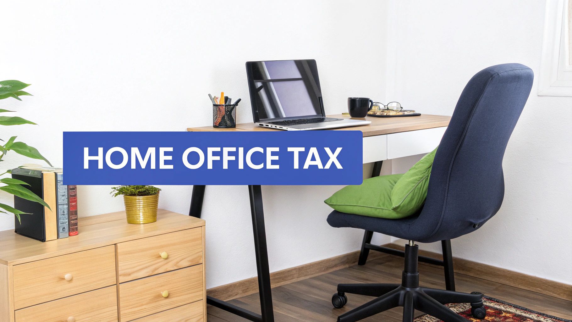 A modern home office with a desk, laptop, chair, and a blue banner displaying 'HOME OFFICE TAX'.