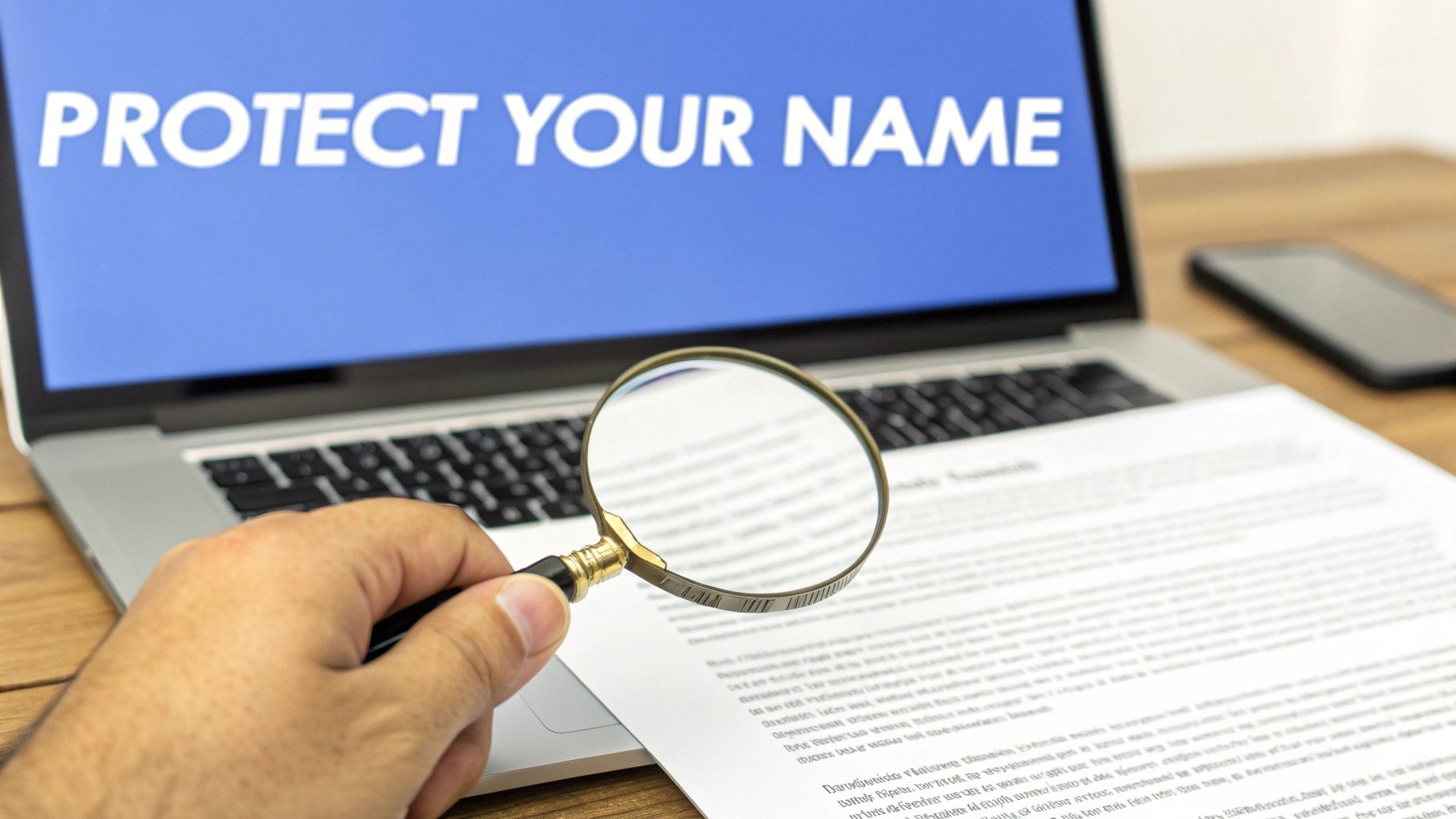 A hand holds a magnifying glass over a document, with a laptop displaying 'PROTECT YOUR NAME' and a smartphone in the background.