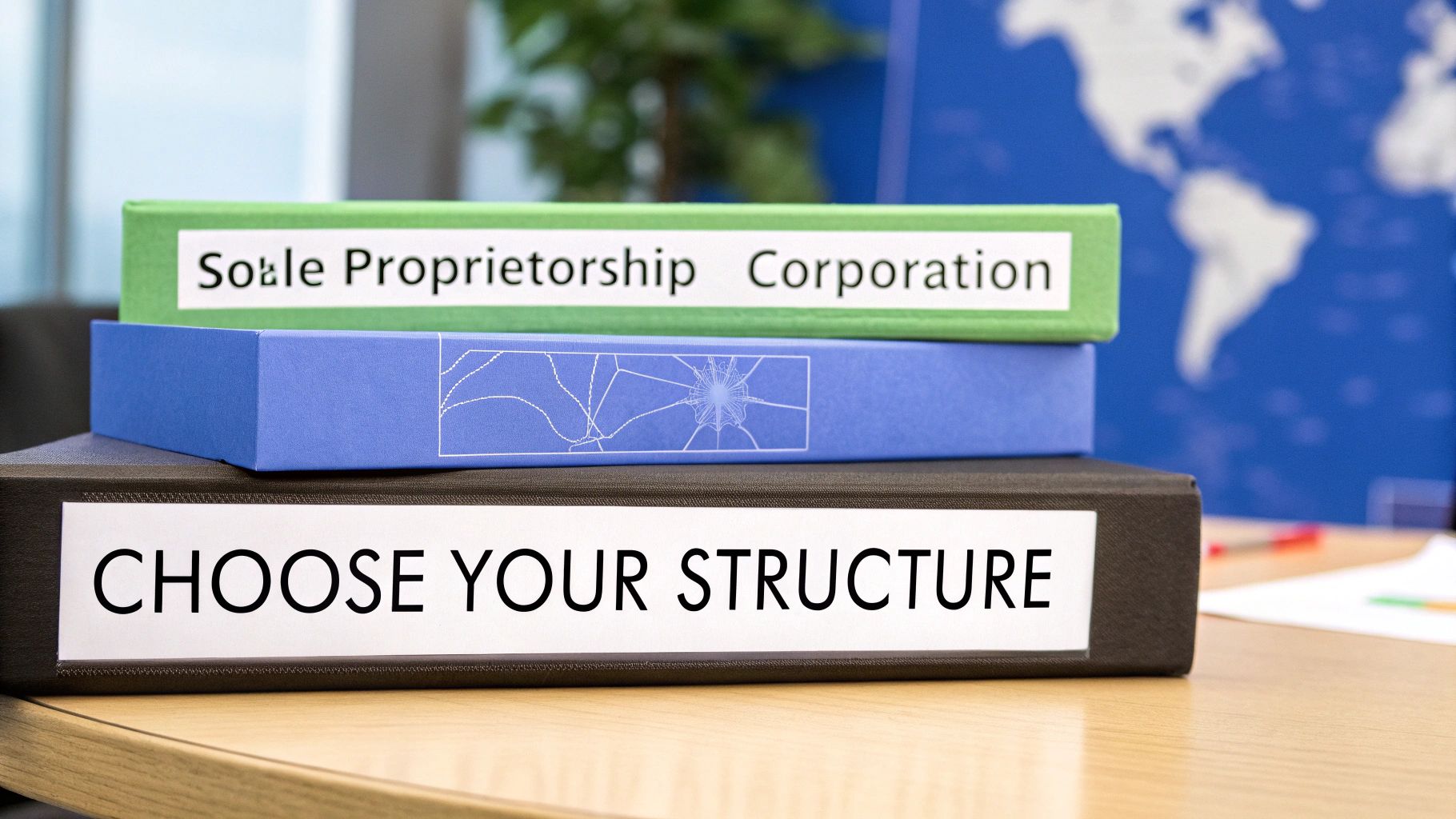 Stacked binders with 'Sole Proprietorship', 'Corporation', and 'CHOOSE YOUR STRUCTURE' labels on a desk.