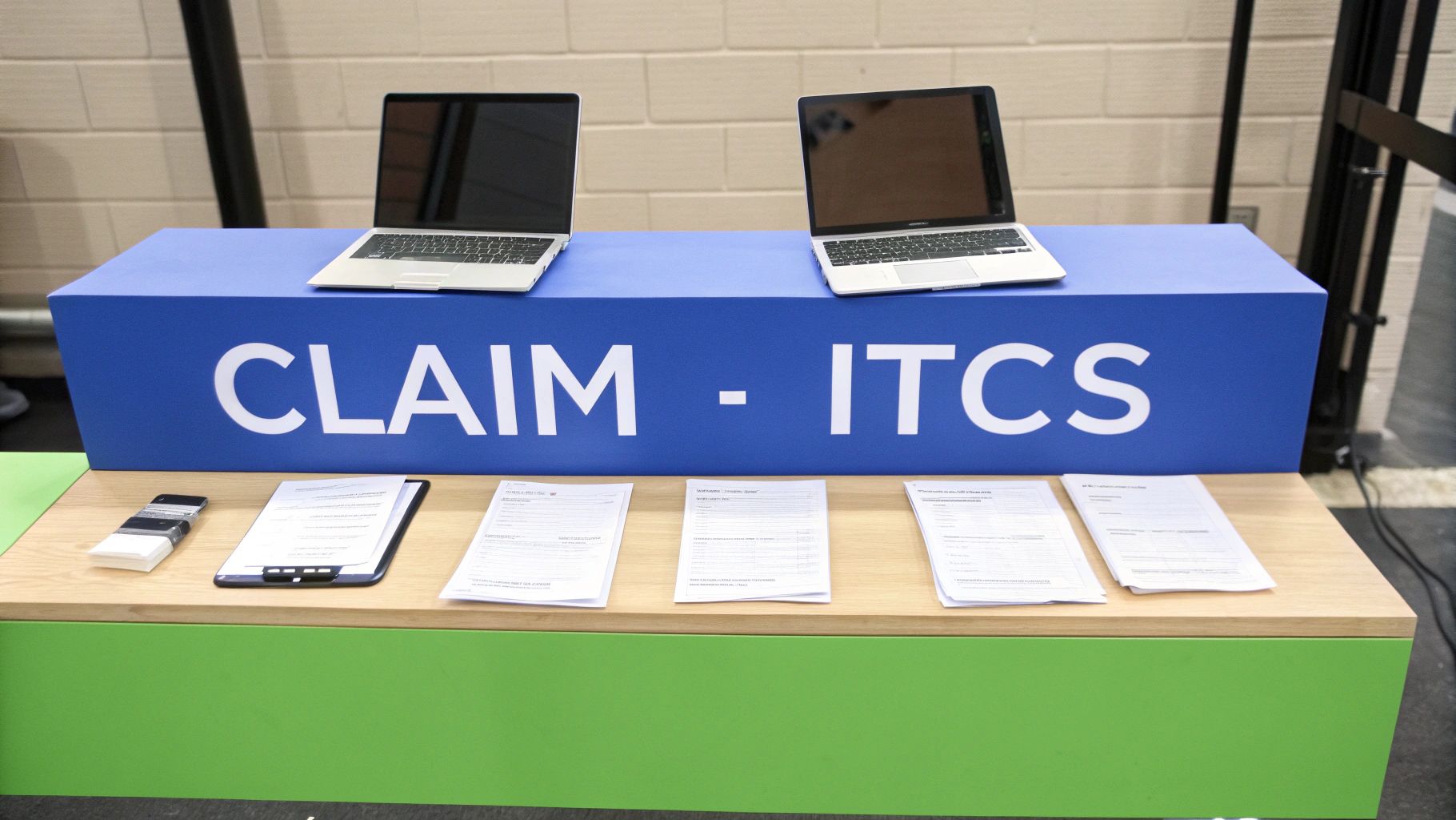 A blue counter displaying "CLAIM - ITCS" with two laptops and several papers on a wooden surface.