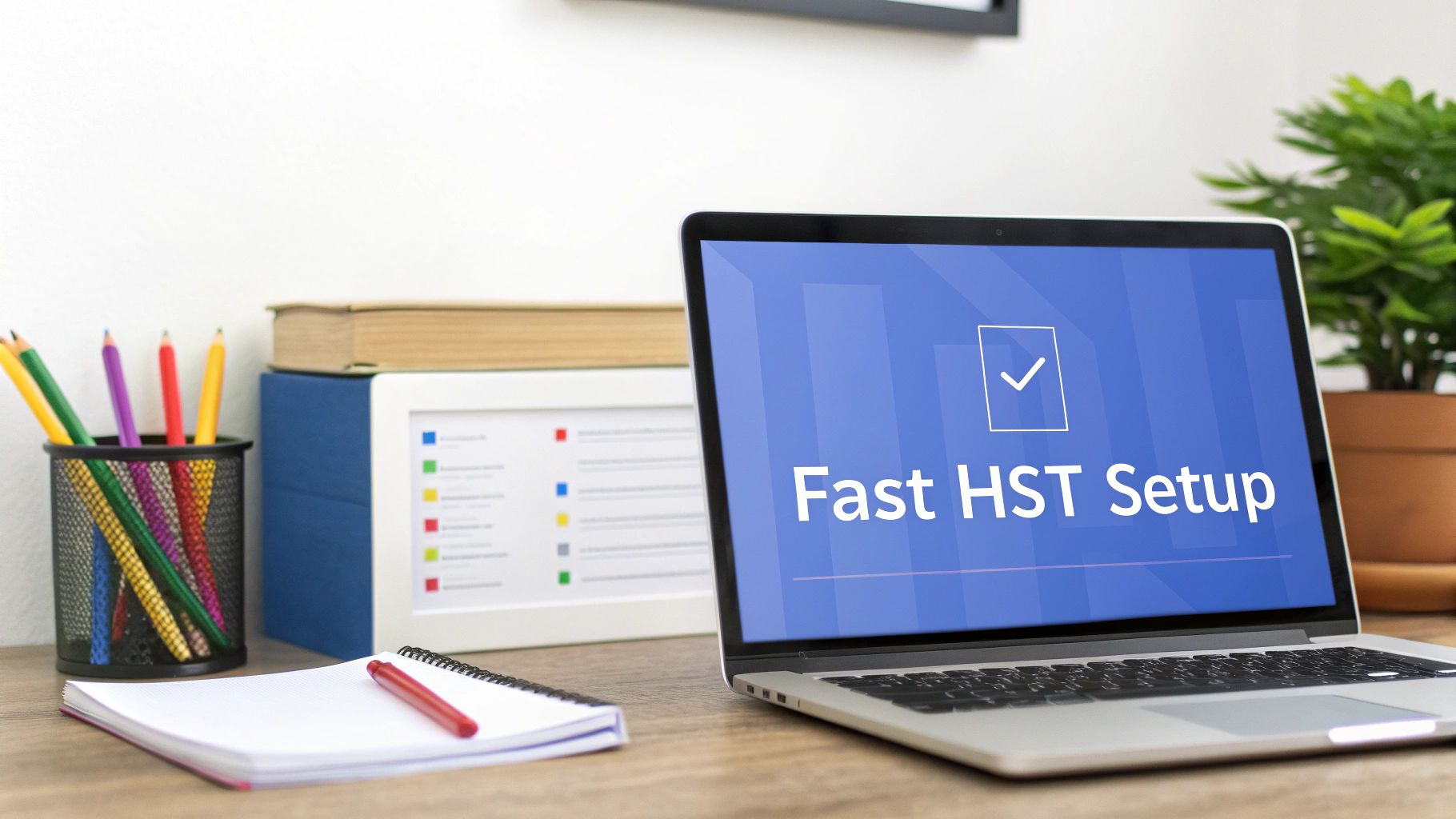 Laptop on a wooden desk displaying "Fast HST Setup" alongside office supplies and a green plant.