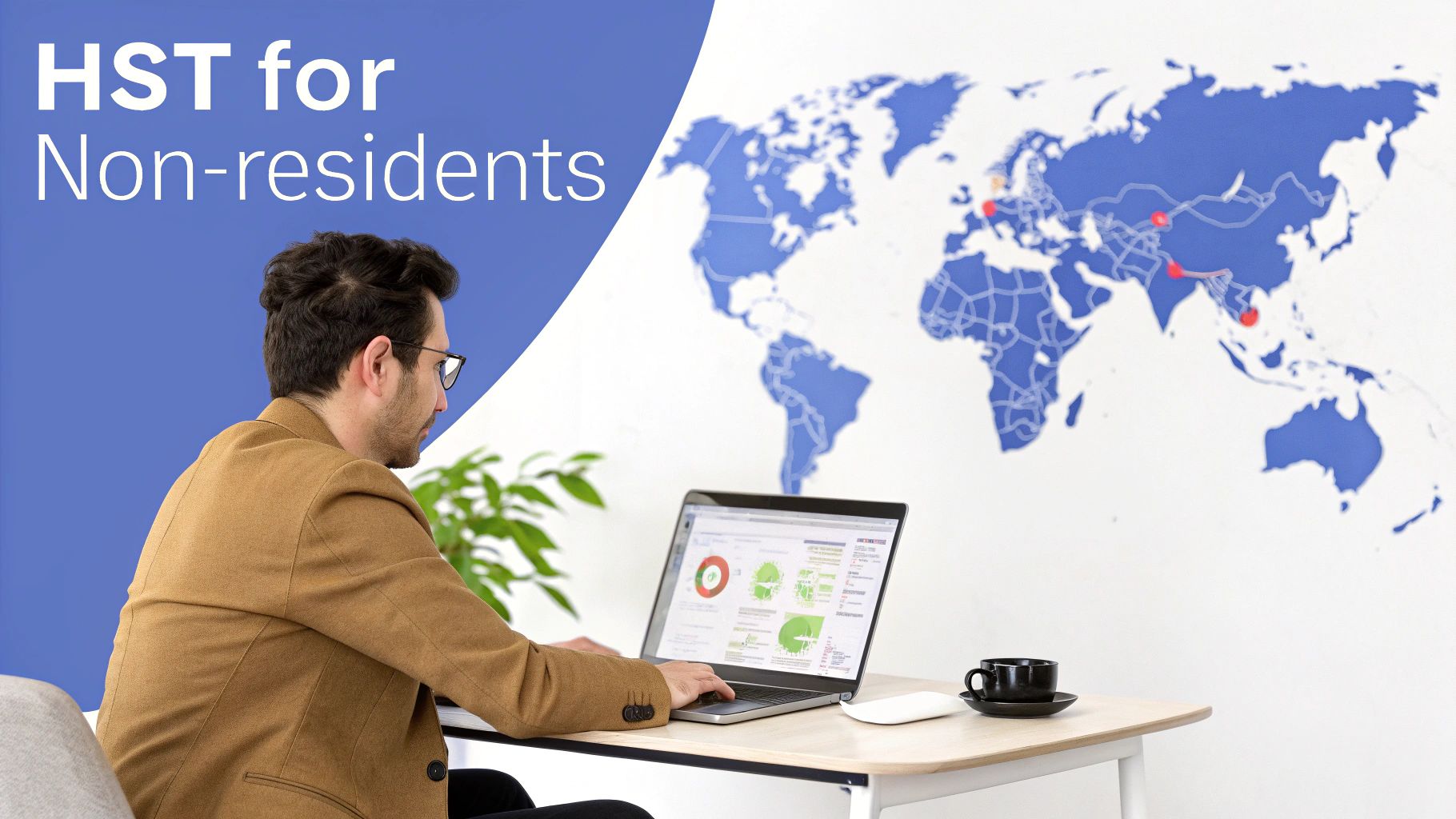A man works on a laptop with a world map behind him, illustrating global tax services for non-residents.
