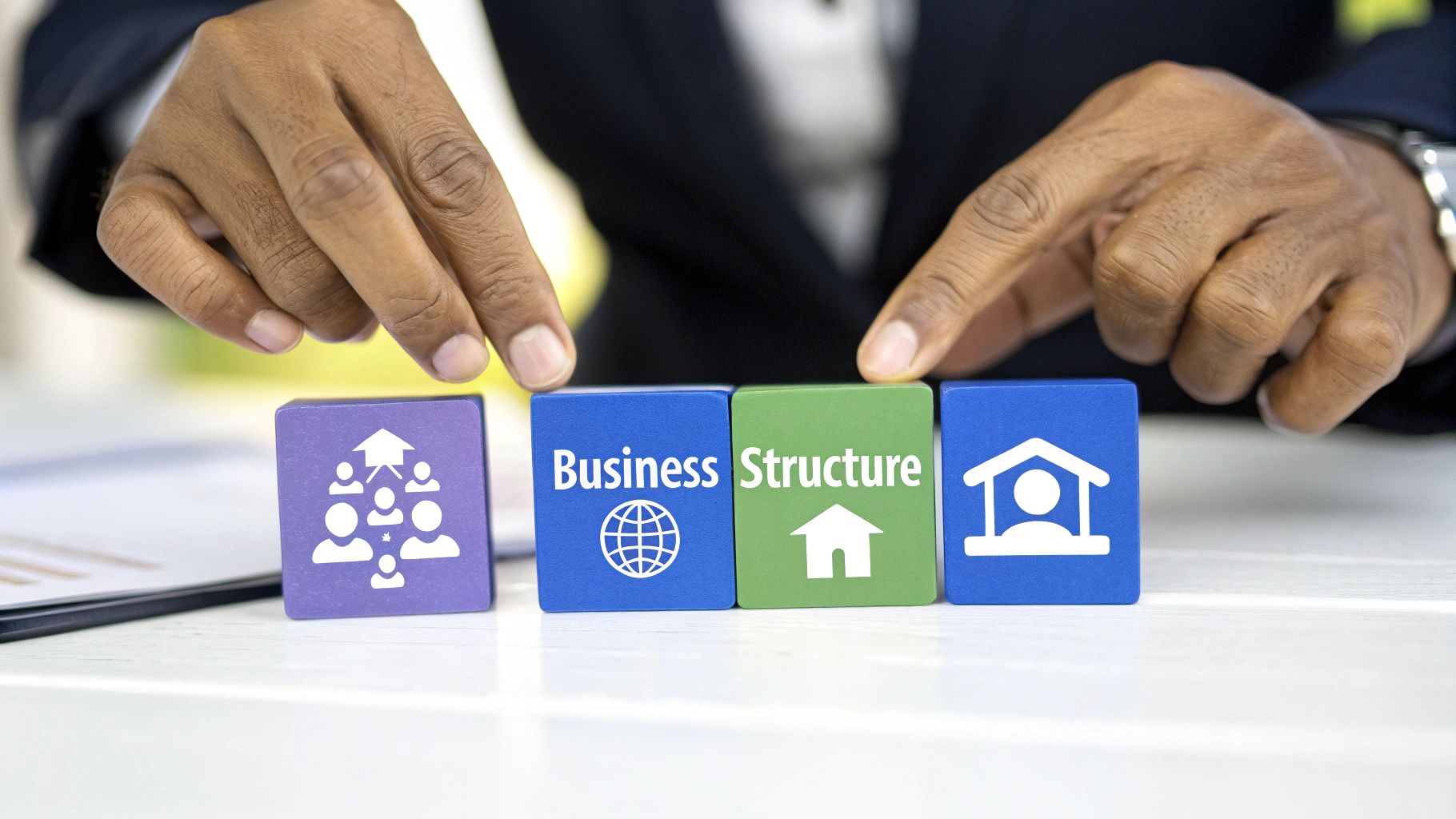 Hands arranging colorful blocks spelling 'Business Structure' with related icons, representing business organization.