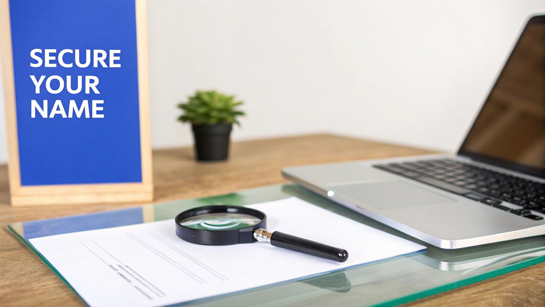 A blue sign displaying 'SECURE YOUR NAME' on a desk with a laptop, documents, and a magnifying glass.