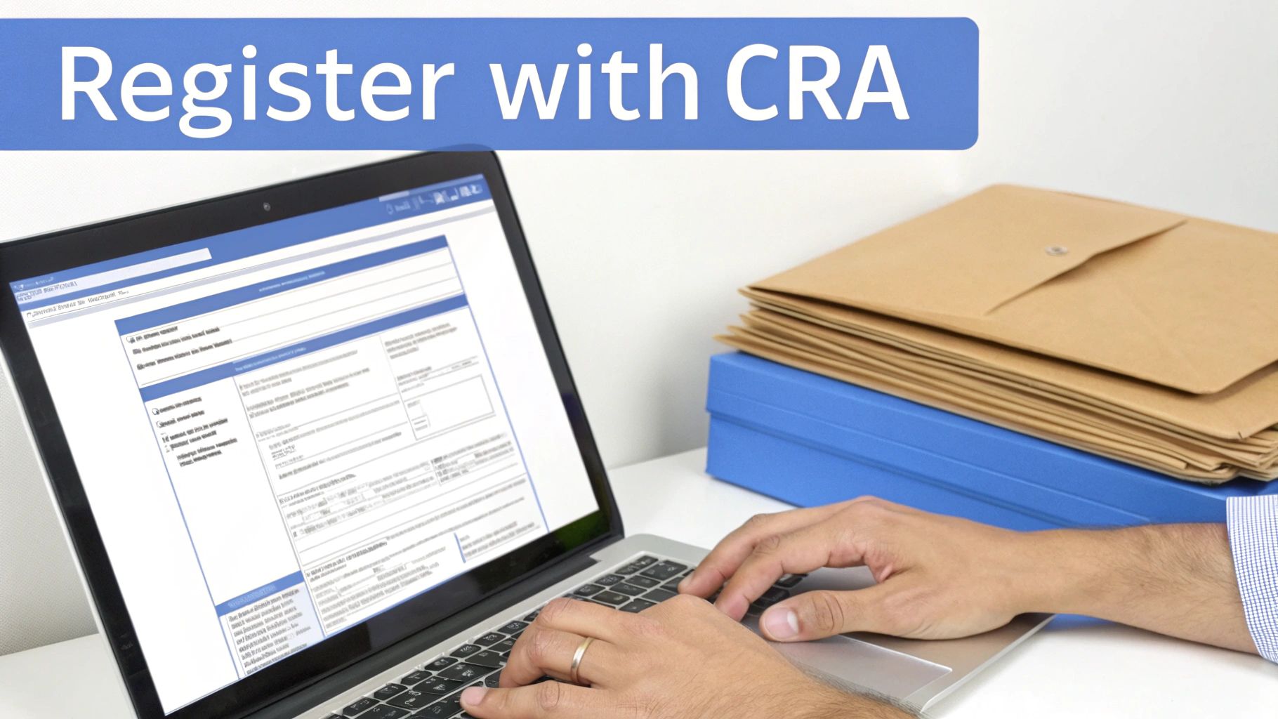 Hands typing on a laptop displaying an online registration form for CRA, with documents.