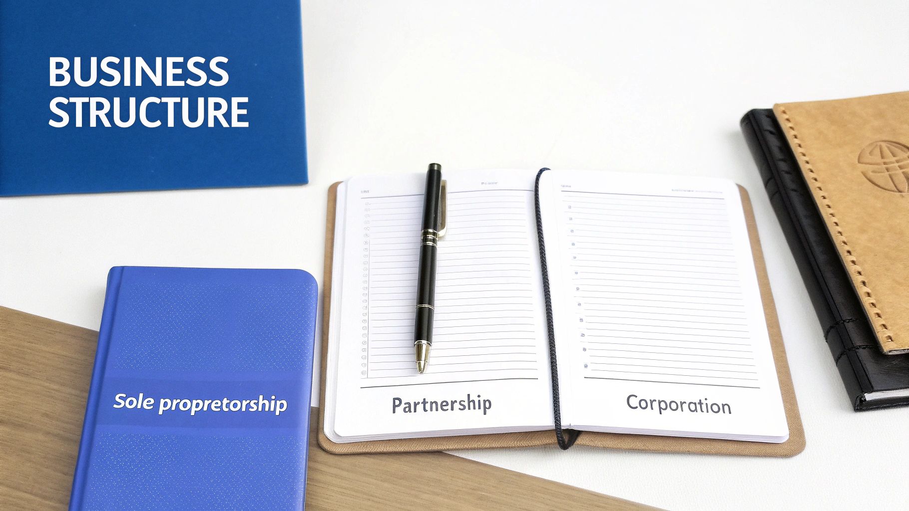 Visual representation of business structures: sole proprietorship, partnership, and corporation on notebooks.