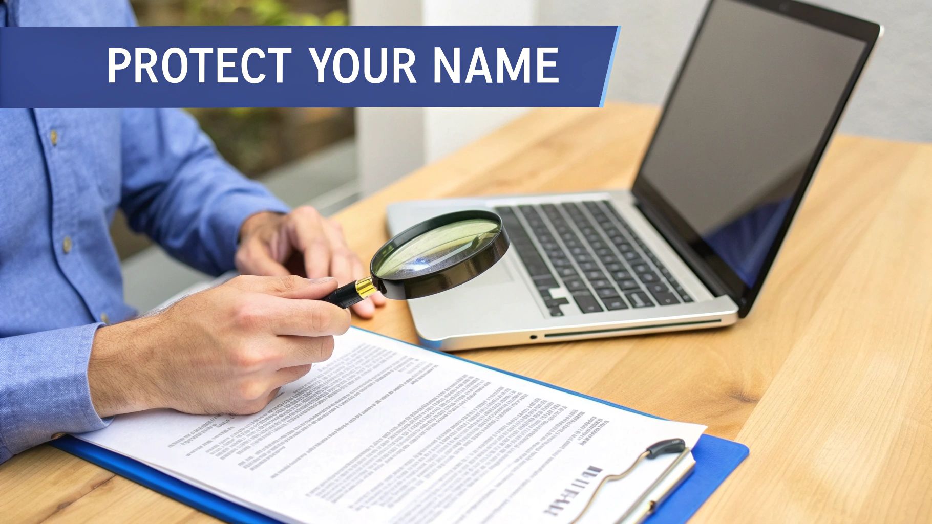 A person's hands holding a magnifying glass over a document on a desk, next to a laptop.