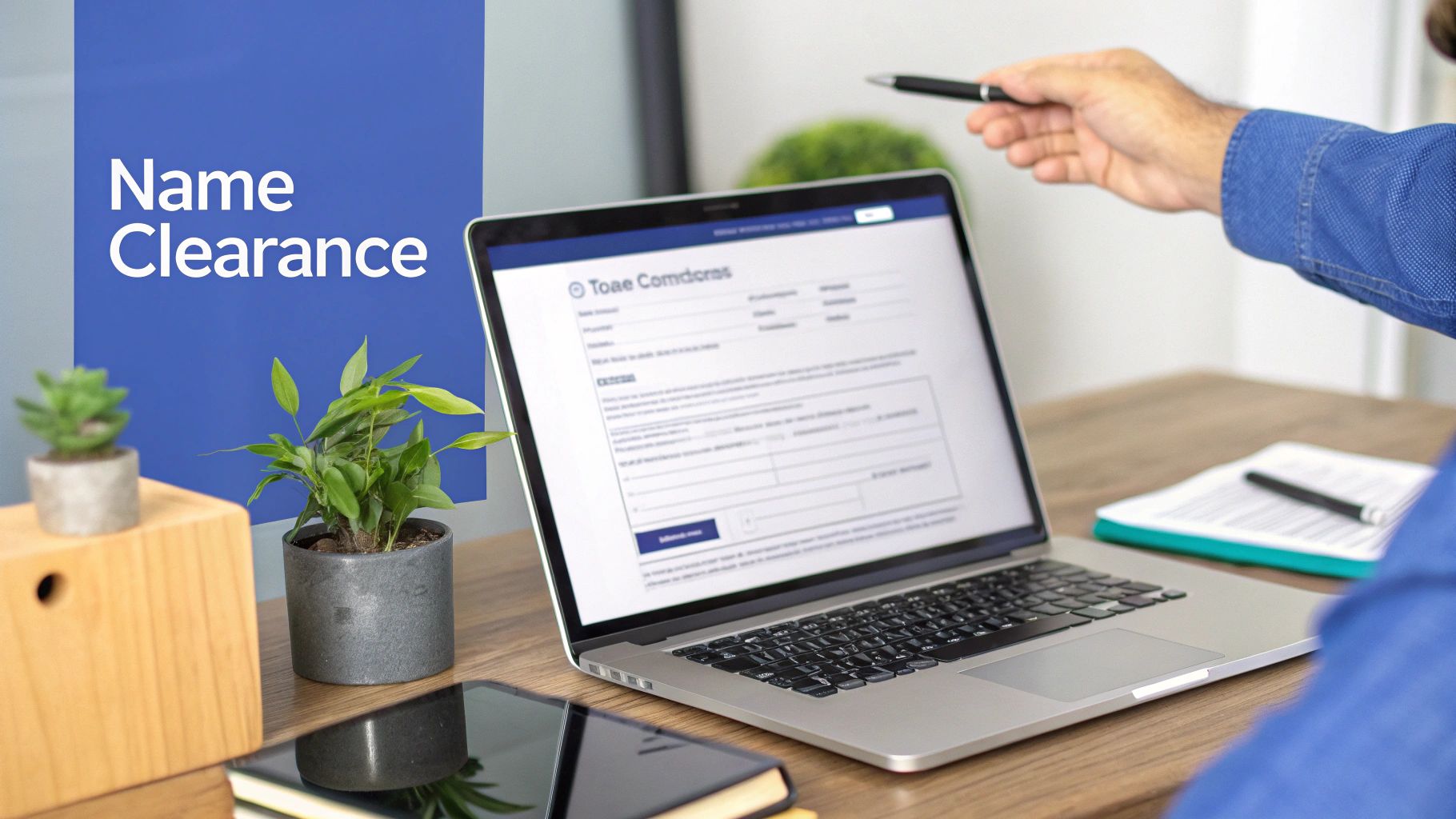 A person pointing at a business plan on a laptop screen, symbolizing the early stages of business naming.