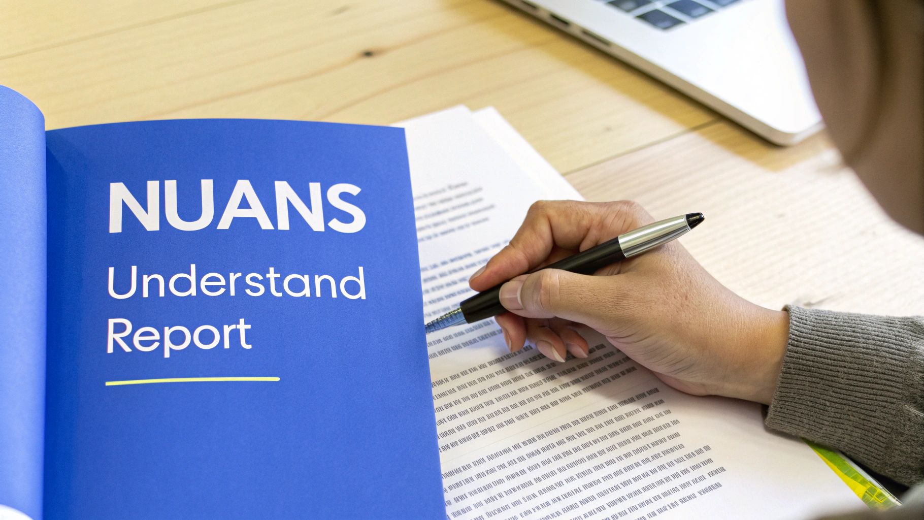 A person analyzing a complex document with charts and text, symbolizing the process of interpreting a NUANS report.