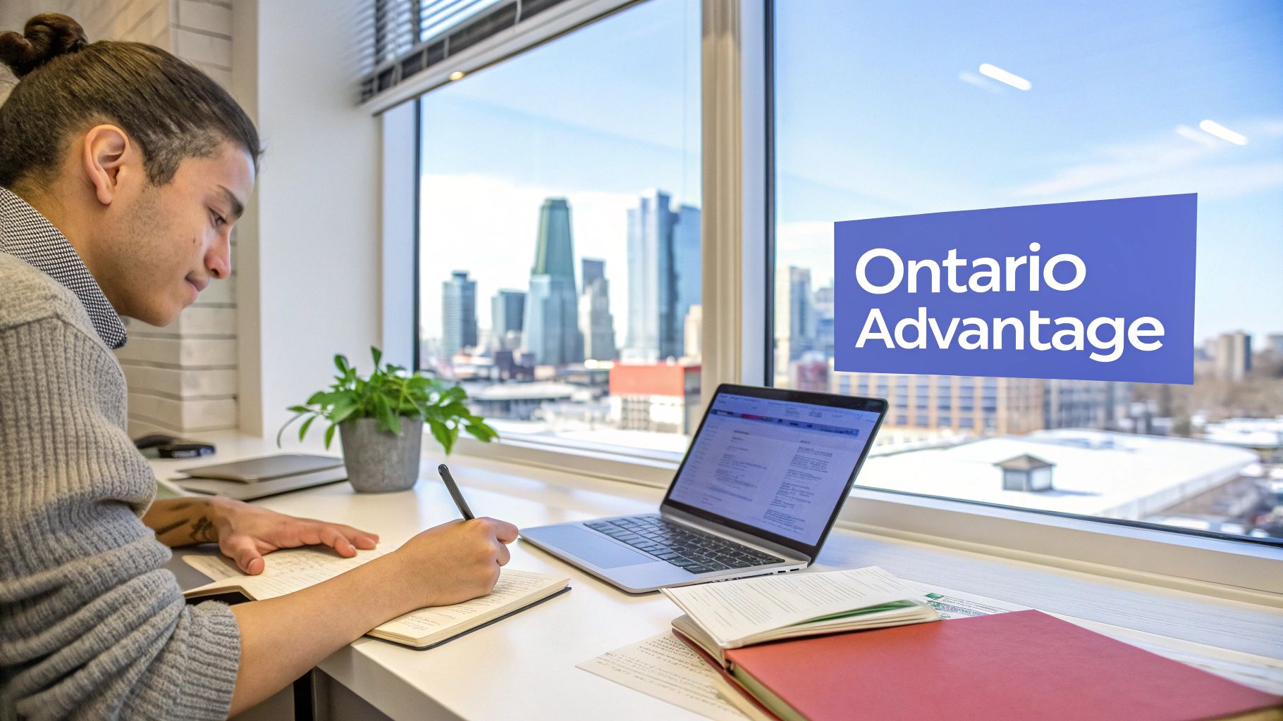 A young man writes at a desk with a laptop, overlooking a cityscape and an 'Ontario Advantage' sign.