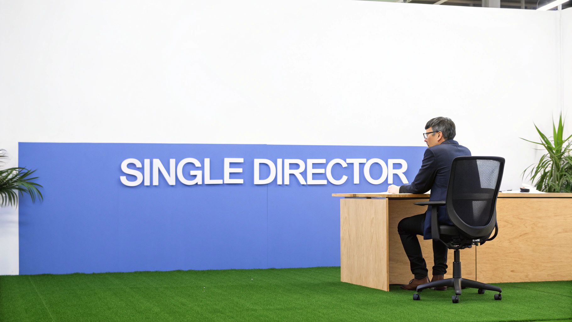 A man in a suit sits at a wooden desk in front of a blue wall with “SINGLE DIRECTOR” text.