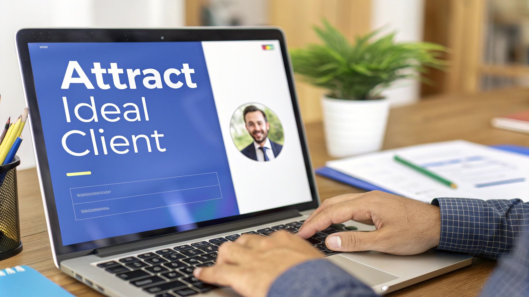 A person typing on a laptop screen displaying "Attract Ideal Client" and a professional's profile picture.