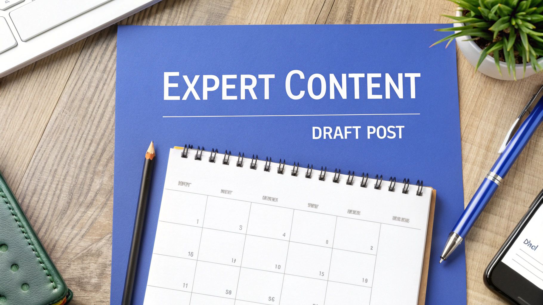 A blue document titled 'EXPERT CONTENT DRAFT POST' on a wooden desk with a calendar and office supplies.