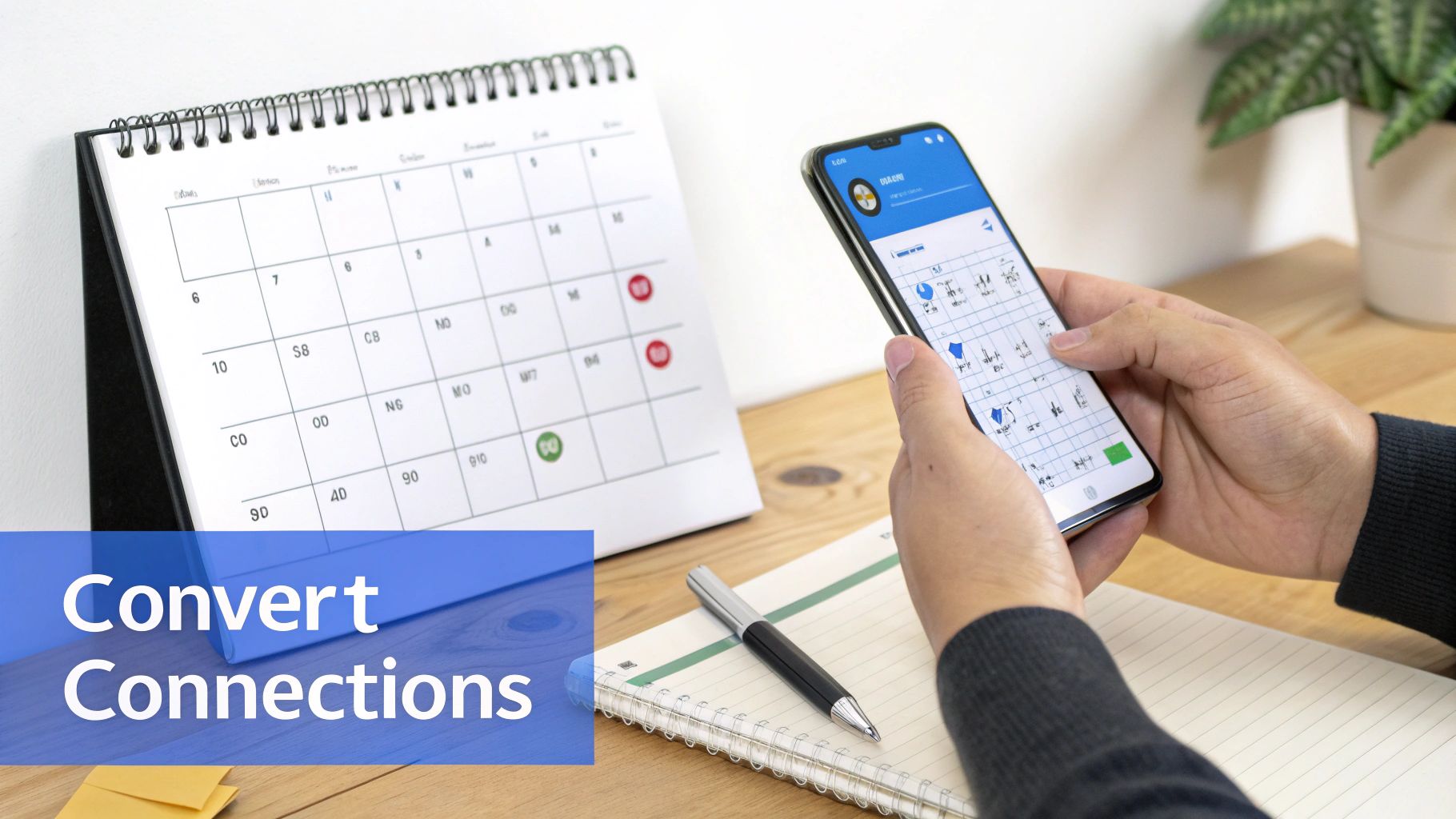 Hands holding a smartphone with an app showing data, next to a desk calendar and notebook on a wooden table.